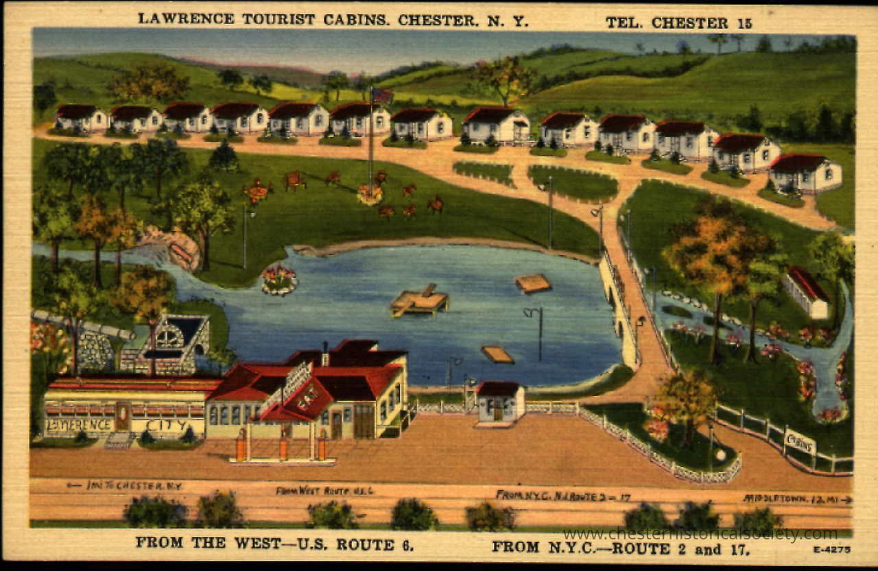 Lawrence Tourist Cabins, Chester, N. Y.: This illustrated postcard depicts Lawrence Tourist Cabins in Chester, New York, featuring a picturesque layout of small white cabins arranged symmetrically along curved pathways. A serene lake is central, occupied by boats, and bordered by walkways, while vibrant trees and landscaping enhance the scenic view. The foreground shows Lawrence City, a gas station-diner, and detailed, colorful signage indicating routes from New York City and the U.S Route 6, and NYS Routes 2 &17. This charming illustration captures a quaint, recreational spot, likely popular among tourists seeking a peaceful getaway.