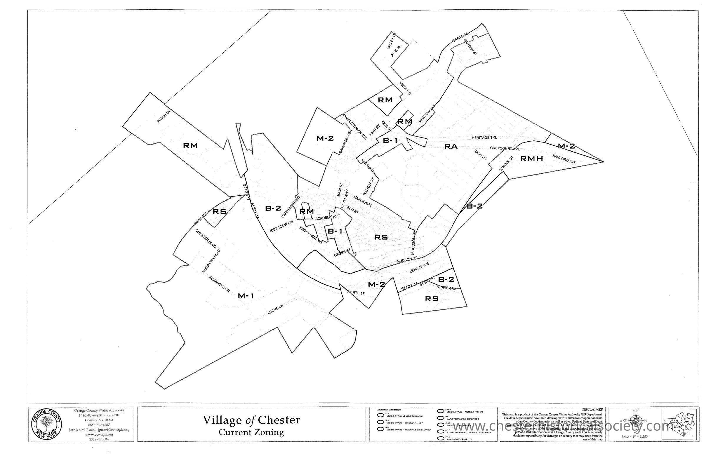 Village of Chester Zoning Map, circa 2014: The image shows an undated zoning map of the Village of Chester, highlighting different zones. Circa 2014.