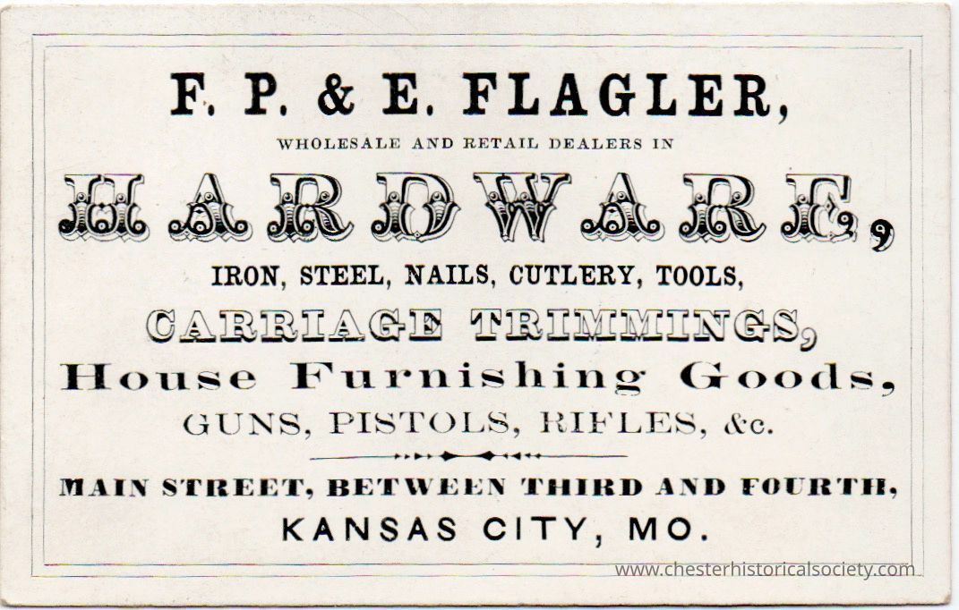 F. P. & E. Flagler, business card, Parker Blacksmith: The image shows a vintage business card for F. P. & E. Flagler, wholesale and retail dealers in hardware, offering a range of products such as iron, steel, nails, cutlery, tools, and carriage trimmings. Additionally, the store provides house furnishing goods and various types of firearms like guns, pistols, and rifles. The business was located on Main Street between Third and Fourth in Kansas City, Missouri, as indicated on the card, which is designed with ornate typography.
