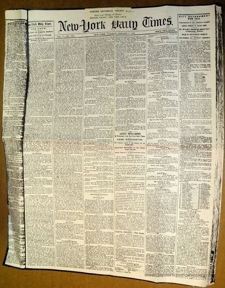 A Night on the Erie Railroad.: The image shows a photocopy of the front page of an old edition of the New York Daily Times, now known as The New York Times. The newspaper features a dense layout with multiple columns filled with text, typical of newspapers from the 19th century. The headline is in a bold, gothic typeface at the top, indicating the date as Tuesday, January 8, 1856. The various articles cover a range of topics, including local news, international dispatches, editorials, and advertisements. The overall appearance is yellowed with age, and the edges of the paper appear slightly worn, which suggests the vintage nature of the publication. The fine print and detailed narratives reflect the historical context of journalism during that period, providing insights into the social and political issues of the time. The structure of the page is methodical, with each article neatly organized into narrow columns, making it efficient for readers accustomed to this style of media.