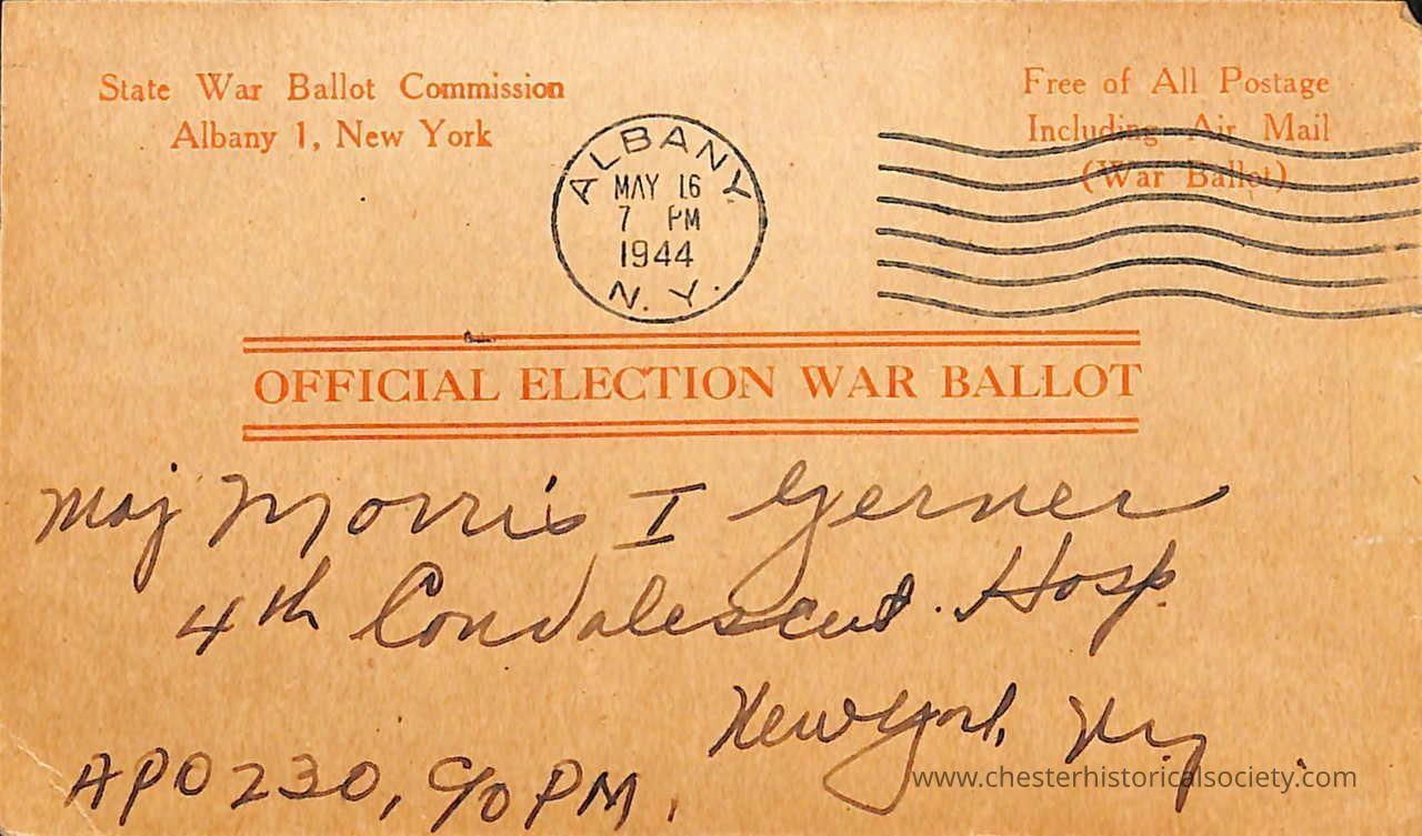 Maj. Morris I. Gerner's War Ballot postcard acknowledgement recto: The image depicts a vintage envelope from the State War Ballot Commission in Albany, New York, dated May 16, 1944, bearing a postmark and labeled as an "Official Election War Ballot," addressed in handwritten script to a Major with the address including "4th Convalescent Hosp." in New York, New York, alongside text indicating it as free of all postage including Air Mail for a war ballot purpose.
