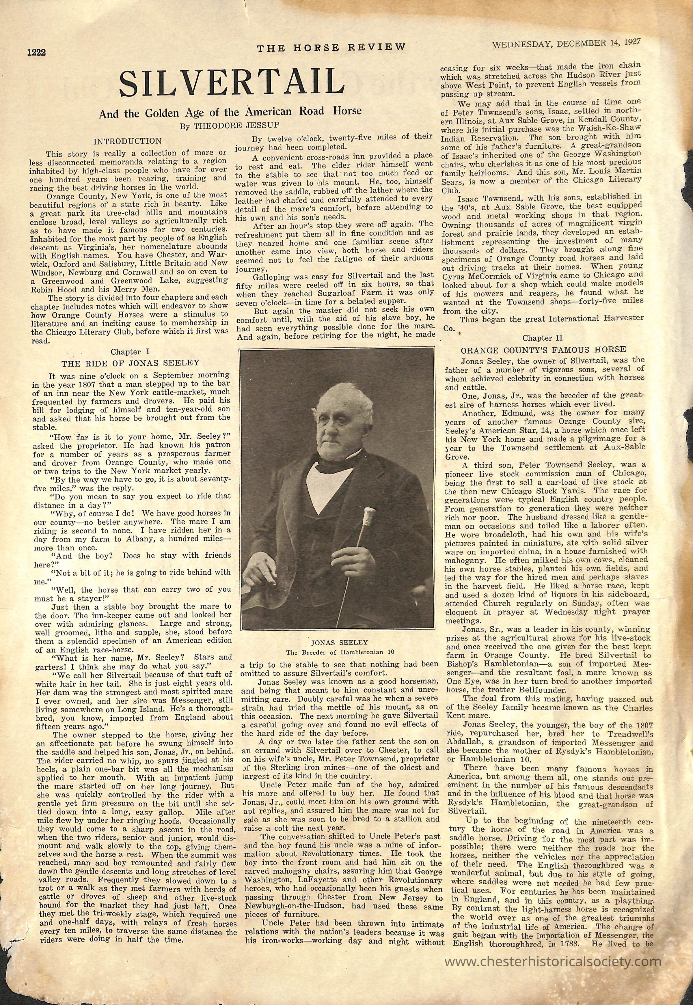 Silvertail And the Golden Age of the American Road Horse: The image is a vintage journal clipping from "THE HORSE REVIEW," dated Wednesday, December 14, 1927. It features an article titled "SILVERTAIL and the Golden Age of the American Road Horse" by Theodore Jessup. The text is divided into columns, with a photograph of Jonas Seeley, labeled "The Breeder of Hambletonian 10," located mid-page. The article details the history and significance of Silvertail, focusing on Jonas Seely, Jr.