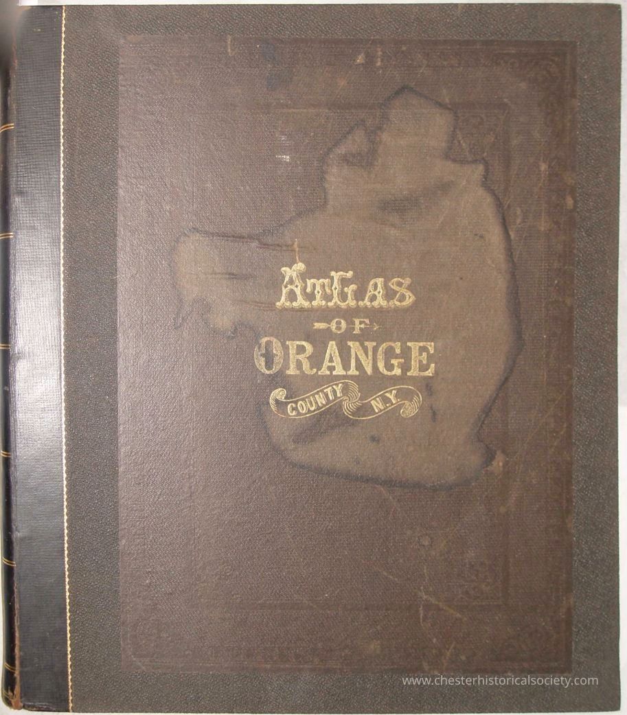 County atlas of Orange, New York, From actual surveys by and under the direction of F. W. Beers.: The image showcases an old and worn cover of a book titled "Atlas of Orange County, N.Y." with the title embossed in ornate gold lettering. The book appears to be quite vintage, revealing signs of age such as faded corners and a noticeable stain that obscures part of the cover. The overall design suggests a historical or cartographic value, possibly containing maps or detailed information about Orange County in New York. The binding is visible on the left side, with a dark textured material providing a contrasting background.