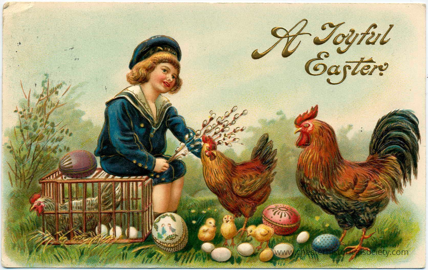 A Joyful Easter: The vintage postcard features a cheerful scene with a child wearing a sailor outfit sitting beside a wooden cage containing a hen and several eggs, and the child is holding pussy willows while interacting with two roosters, several chicks, and beautifully decorated Easter eggs scattered around; in the background, lush green foliage is visible, and the phrase "A Joyful Easter" is elegantly scripted in gold at the top, conveying a warm and festive holiday message.