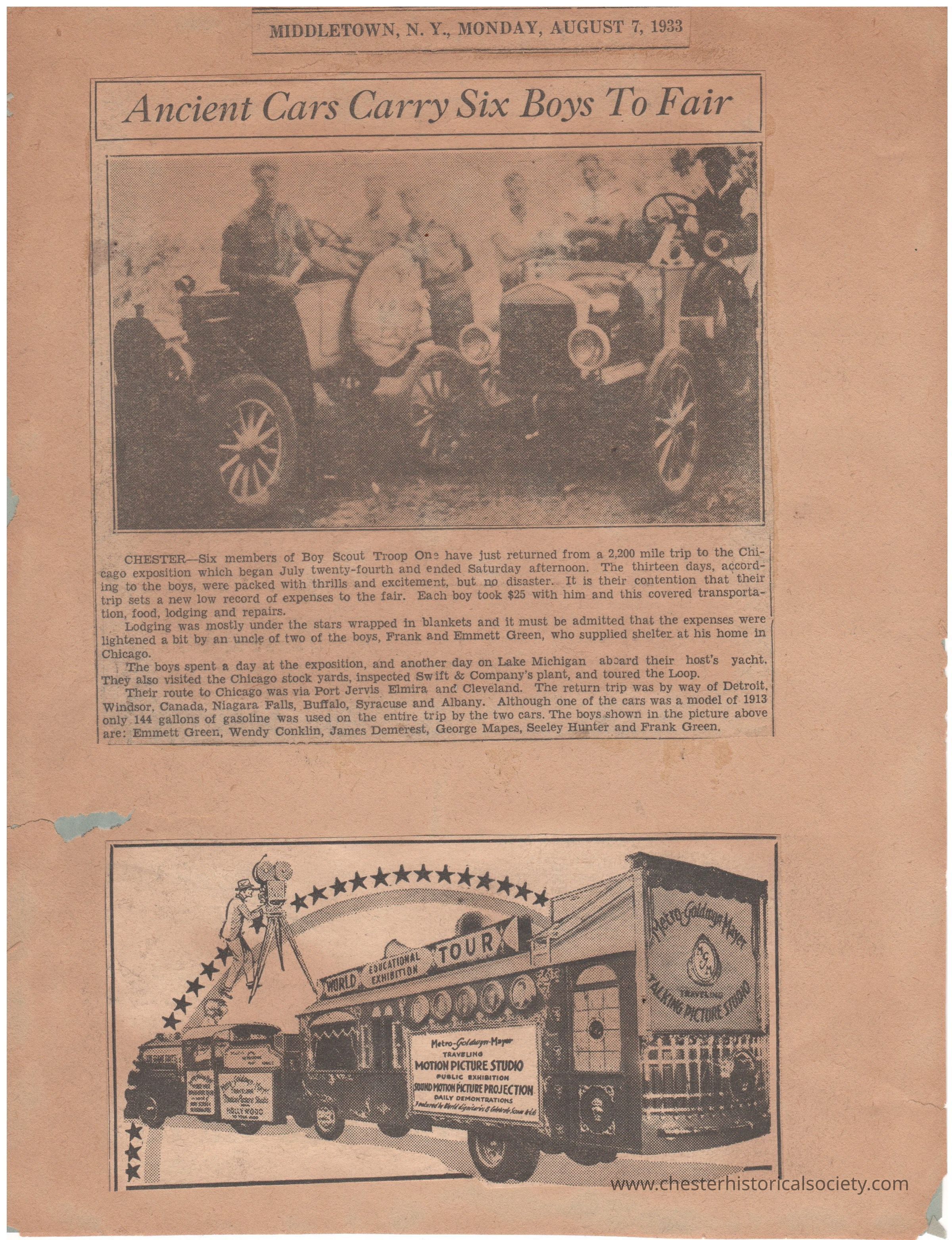 Ancient Cars Carry Six Boys To Fair: The image displays a newspaper clipping from Middletown, N.Y., dated Monday, August 7, 1933, featuring the headline "Ancient Cars Carry Six Boys To Fair." It includes a photograph of six boys with two vintage cars, accompanied by an article detailing their 2,200-mile journey to the Chicago exposition and various sites they visited. The lower portion of the page displays an advertisement for the "Metro-Goldwyn-Mayer" World's Educational Tour, showcasing a custom vehicle equipped with Travelling Talking Picture Studio.