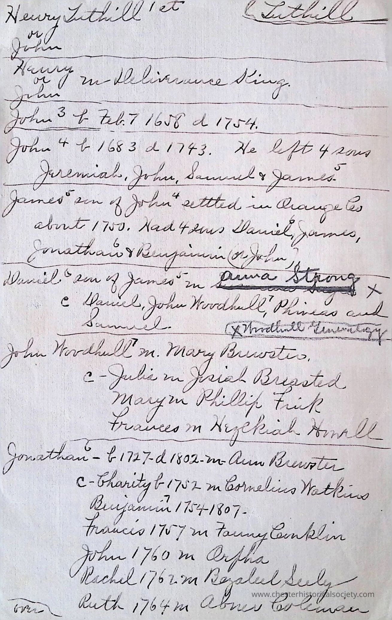 Click on image above to open.: The image features a handwritten document with a list of names and associated dates, possibly tracking a family lineage or records. The handwriting is in cursive script, predominantly in black ink. It lists various individuals with dates, possibly indicating their birth and death, and notes on familial relationships such as marriages and offspring. Some names are followed by specific life events and connections to other individuals. The document provides a glimpse into genealogical details that might be important for historical or family research.