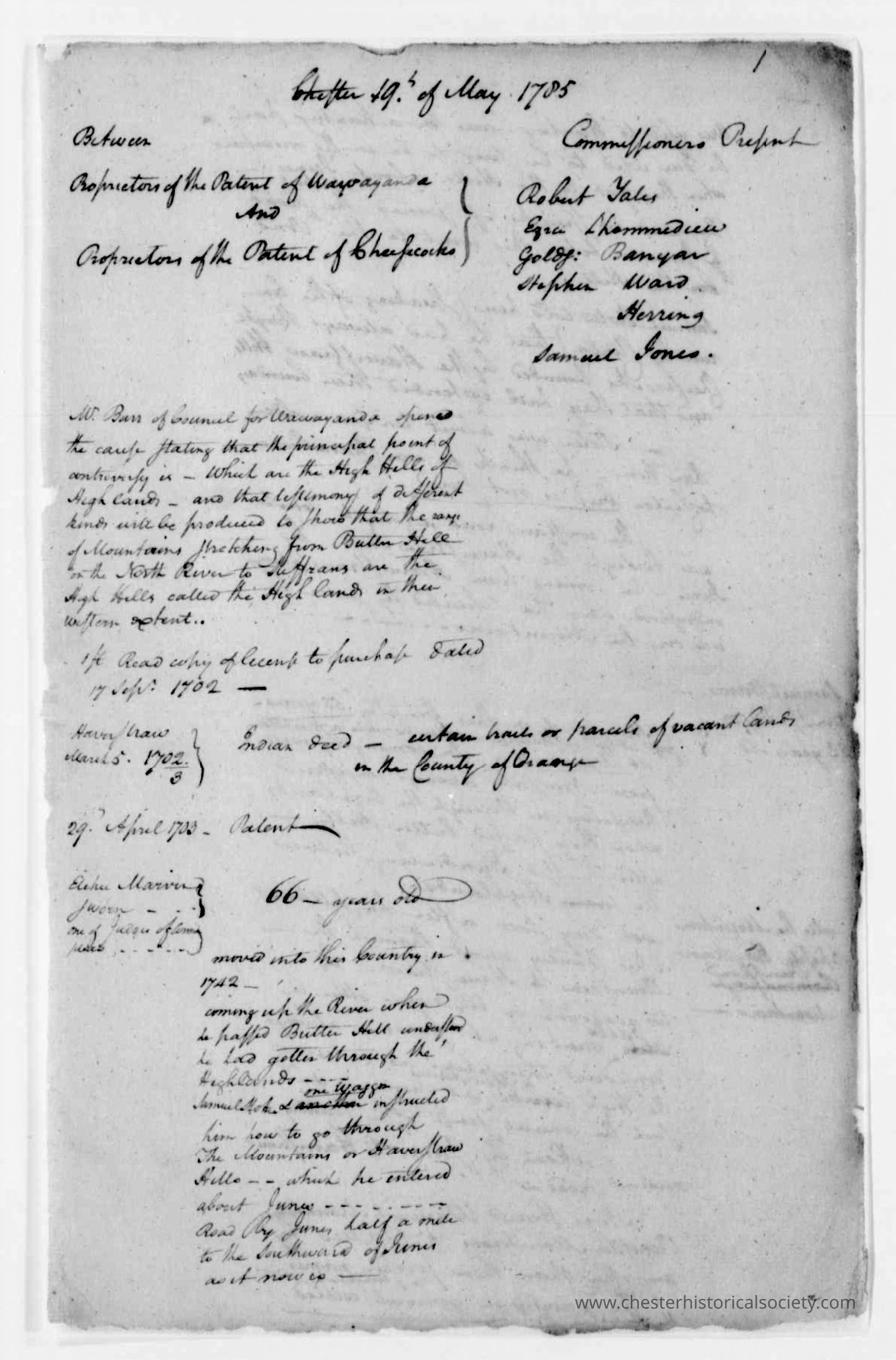 The image is a historical document dated May 19, 1785 and Chester. It contains handwritten text that appears to be part of a legal or official proceeding. It mentions individuals associated with the document, such as commissioners, and references to the "Proprietors of the patent of Wawayanda" and the "Proprietors of the patent of Cheesecocks." The document lists names including A. Burr, Robert Yates and Samuel Jones and discusses matters related to boundaries, land ownership, and possibly legal contests regarding locations described as high hills or mountainous tracts. Additionally, there are mentions of land transactions and specific geographic areas, such as the County of Orange, reflecting historical land and legal issues of that period.