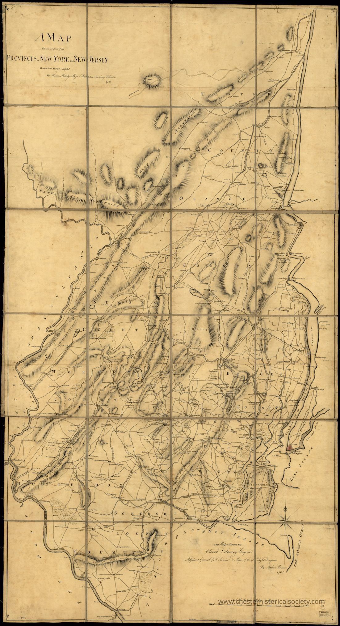 1781 Provinces of New York and New Jersey: A map containing part of the Provinces of New York and New Jersey, drawn from surveys compiled by Thomas Millidge, major 1st Battalion, New Jersey Volunteers, 1780.
Shows the area between the Hudson and Delaware Rivers, from Kingston, N.Y. to Trenton, including names of some property owners. Drawn in 1781 by Andrew Skinner.