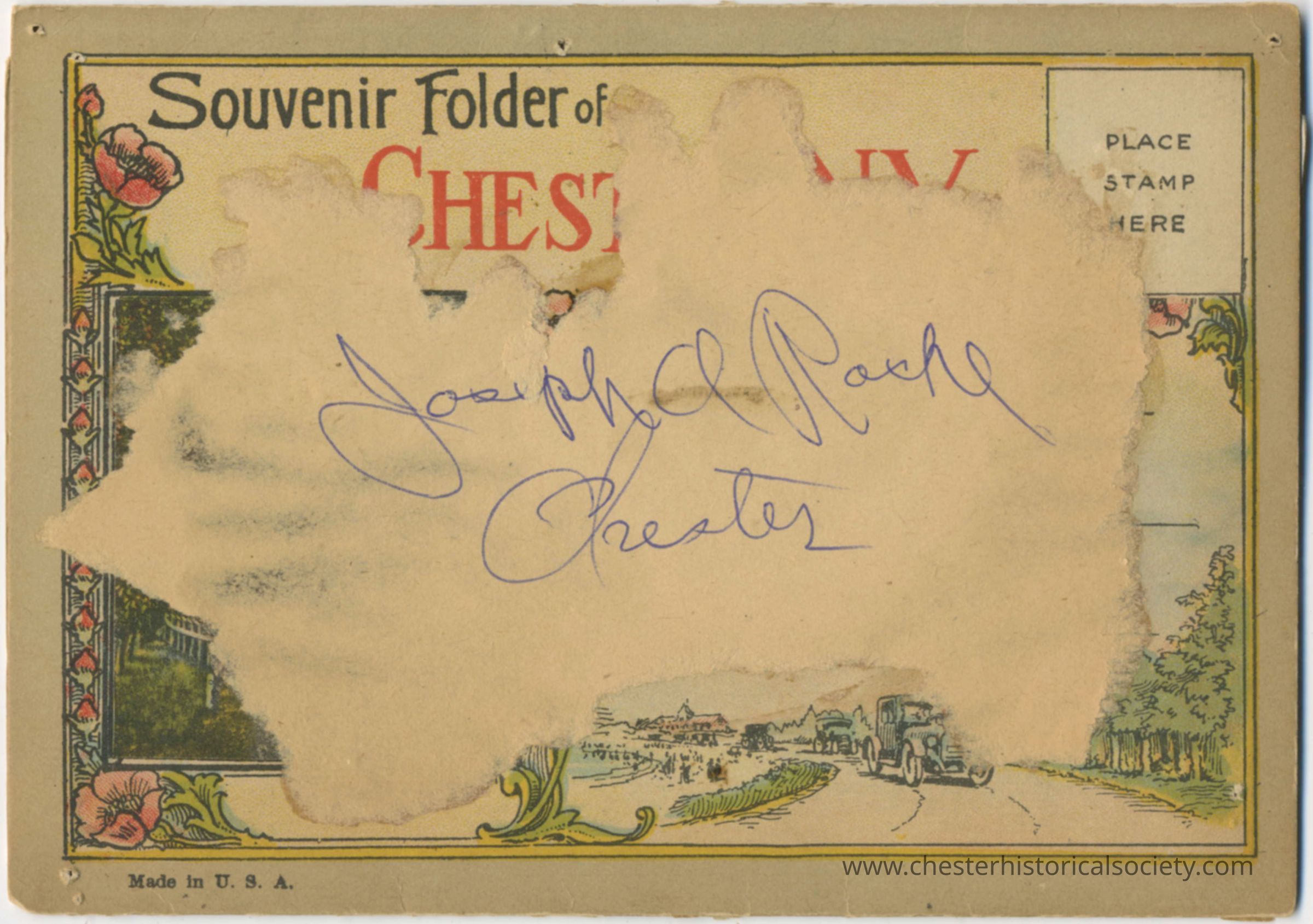 Souvenir Folder of Chester: The image displays an aged souvenir folder from Chester, New York, featuring floral illustrations and decorative borders, significantly worn with a large central tear partially obscuring the text and a handwritten inscription that reads "Joseph A. Roche Chester." The right side of the postcard shows a space labeled "PLACE STAMP HERE," indicating it was designed for mailing, all crafted in the U.S.A.