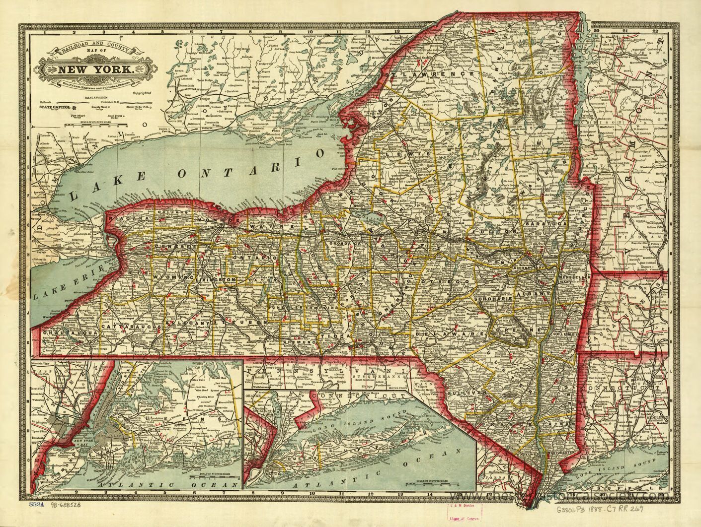 Cram's 1888 township and rail road map of New York.: This 1888e map of the state of New York, prominently displaying its borders with a red outline and detailing various counties within the state using yellow lines, accompanied by numerous cities and towns labeled in black text; significant geographical features include Lake Ontario and Lake Erie to the northwest, while an inset at the bottom highlights the southern portion of New York, including Long Island, with maritime boundaries extending into the Atlantic Ocean, making it a detailed representation of transportation routes and settlements as they were mapped.