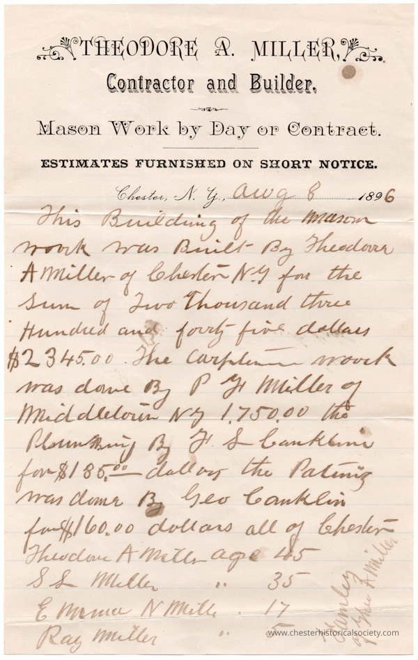 Theodore A. Miller statement of construction by Miller family.: This image displays a document from August 1896, by Theodore A. Miller, a contractor and builder based in Chester, NY. The document details the work and mentions costs associated with different individuals involved, such as G.S. Conlkin for plumbing and Geo Conklin for painting, alongside monetary values linked to the tasks. The handwritten notes suggest the document functioned both as an invoice or a work contract, reflecting professional services.