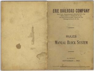 Erie Railroad Company Rules Manual Block System: The image shows a vintage booklet cover titled "Rules Manual Block System" by Erie Railroad Company, effective September 1, 1923.