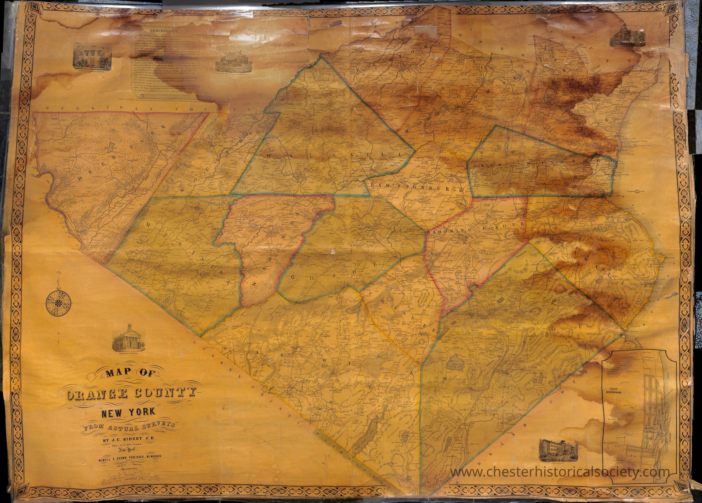 J. C. Sidney "Map of Orange County, New York," 1850.: The image is an aged, water-stained varnished paper-on-linen map of Orange County, New York, created from actual surveys by J.H. French and published by Robert Pearsall Smith in Syracuse in 1850. The map features intricate artwork, annotations, town boundaries, terrain features, roads, and notable buildings, with ornate decorative borders and inset illustrations of prominent local structures, showcasing the cartographic and artistic style of mid-19th century mapmaking.