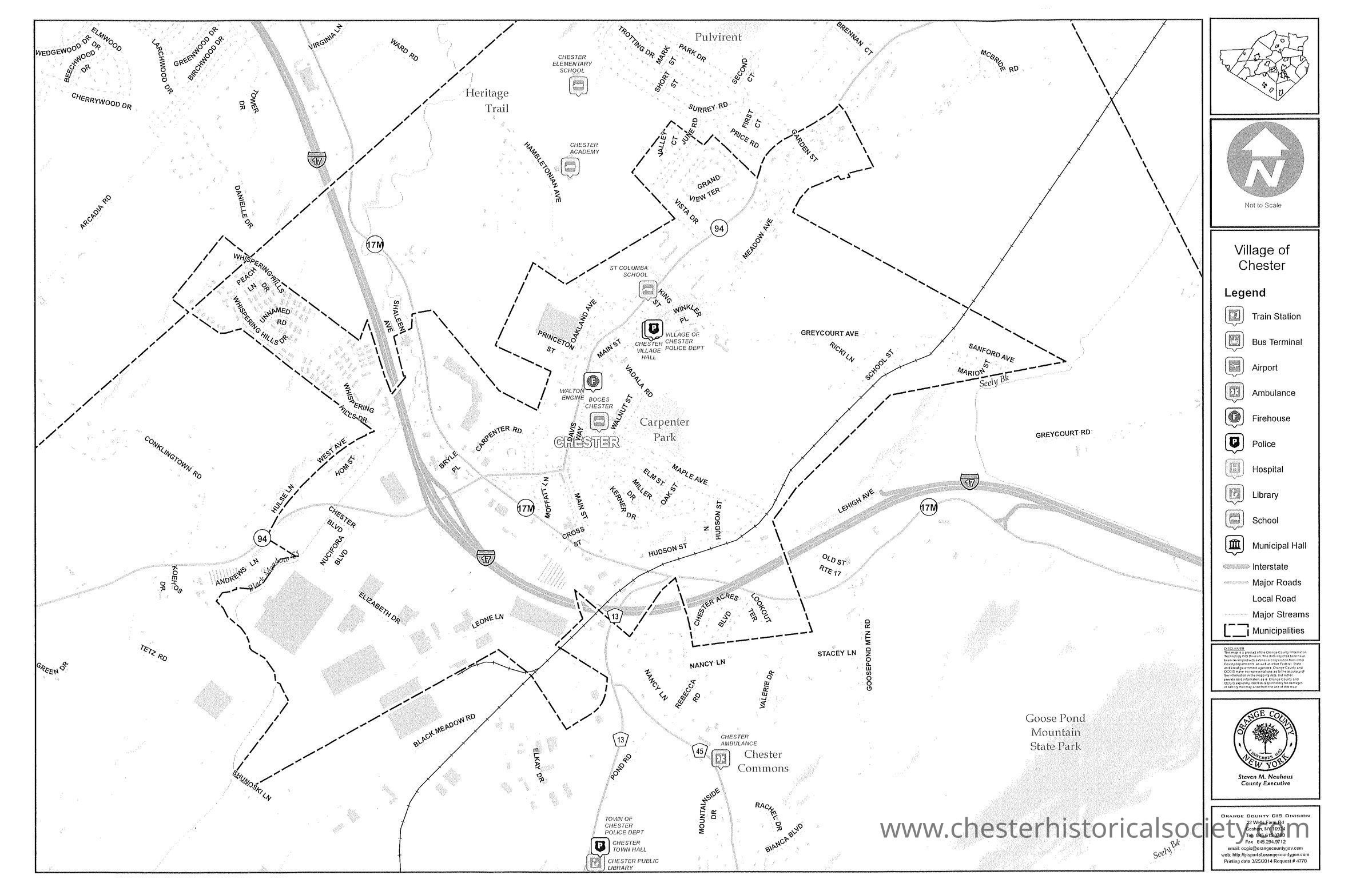 Village of Chester Street Map, March 25, 2014: The street map, dated March 25, 2014, shows the Village of Chester with boundaries, roads, and landmarks like Carpenter Park.