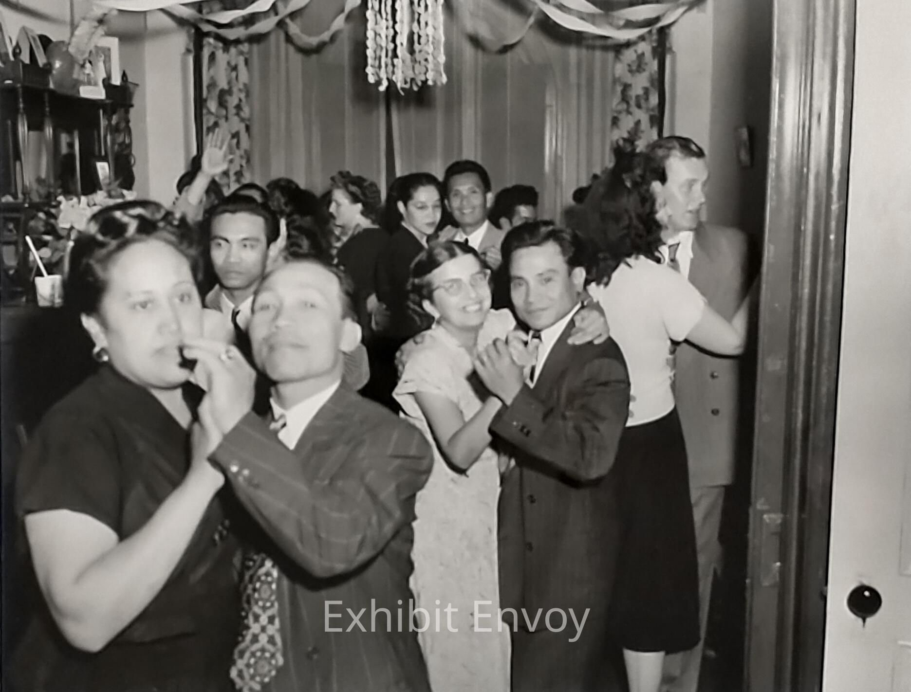 Barred from many clubs and hotels, Filipino Americans and other people of color created a social institution in the form of "house parties." These private gatherings in homes let people socialize and dance in comfortable social settings without encountering prejudice. Barber George Campos (rear center) and lifetime Alvarado friends Carol and Fred Marzan (center couple) are among the persons pictured here.