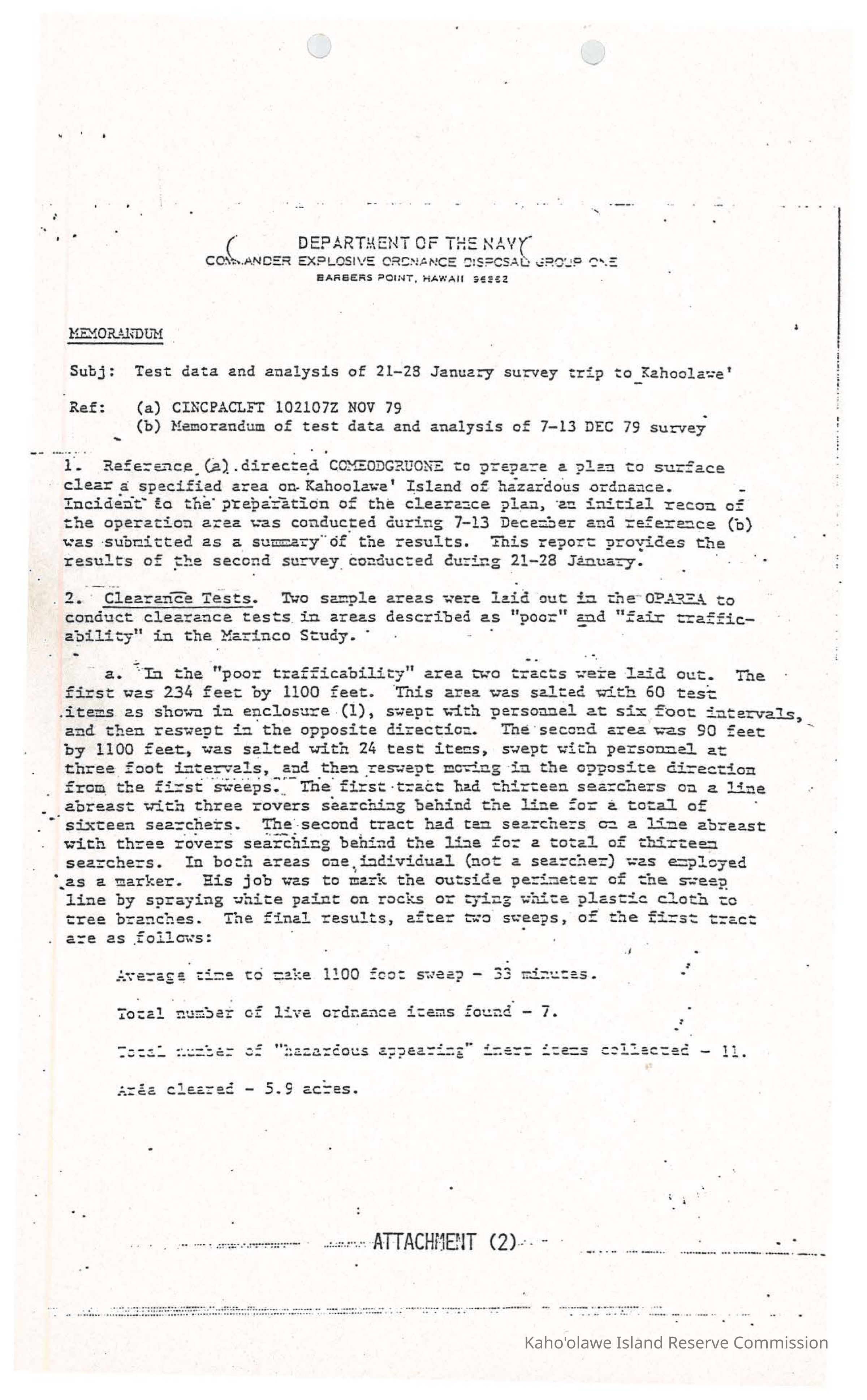 PDF copy of memorandum regarding 21-28 January survey trip to Kaho'olawe: The document is a memorandum from the Department of the Navy concerning test data and analysis from a January survey on Kaho'olawe Island.