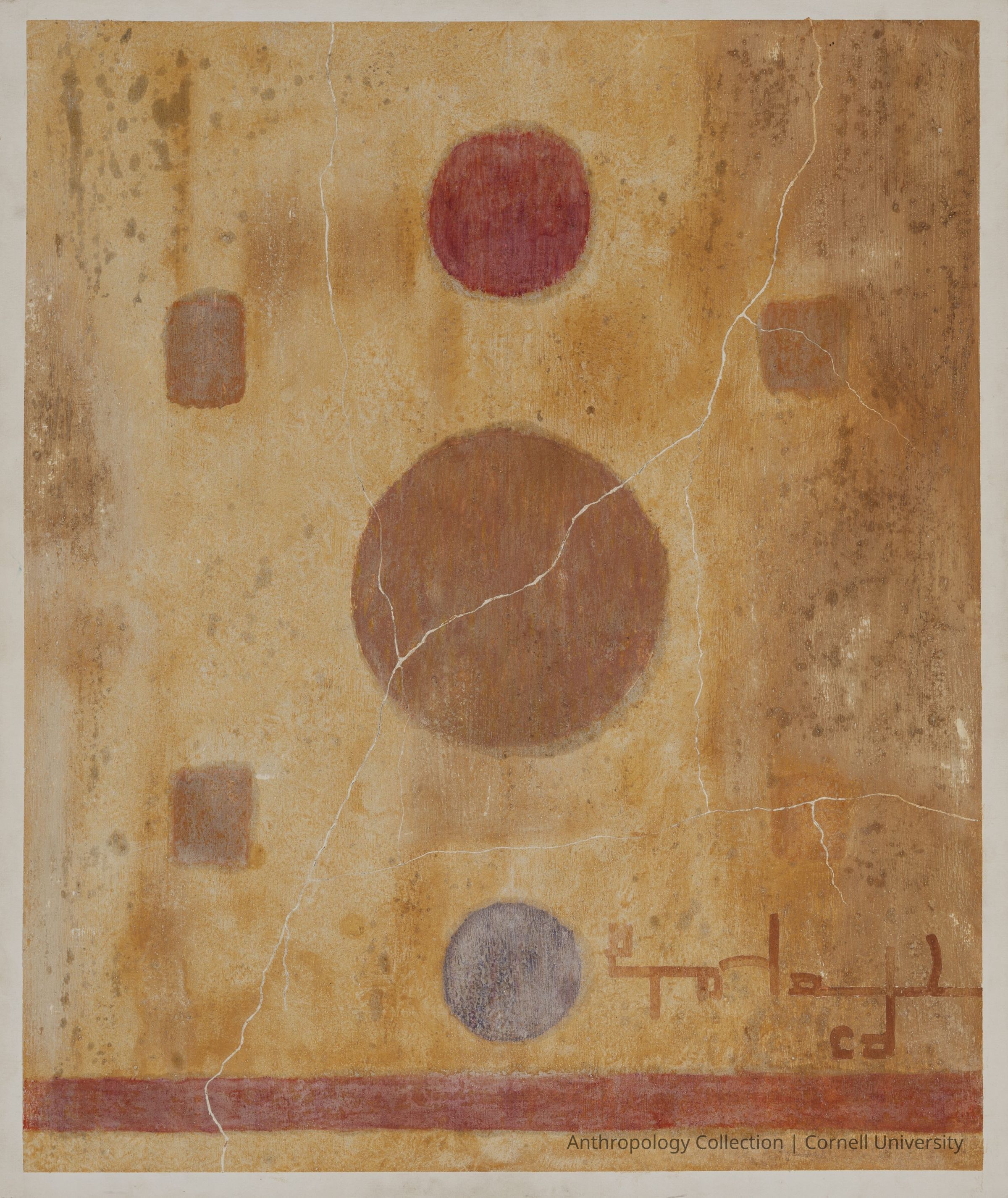 FACSIMILE OF WALL PAINTING | 1966-71 | Photo by Ann Cady, 2024 | ©2026 Norman Daly Art: An intriguing composition with an earthy brown and ochre color palette, adorned with geometric shapes including circles and rectangles distributed across the surface. The background has a textured, aged appearance with visible cracks. Dominating the center is a large circle, flanked by smaller forms in red and gray hues. A horizontal band, painted in a deep reddish tone, runs along the bottom, while faint, enigmatic symbols or markings in reddish-brown may be seen on the right side.