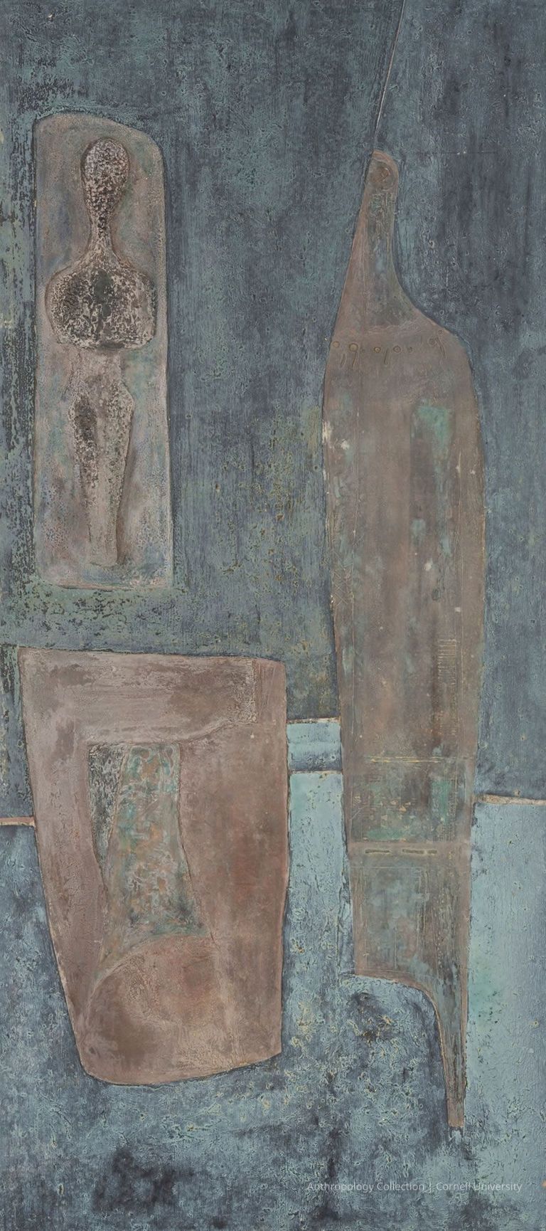 TEMPLE DOOR | circa 1966-71 | Photo by Ann Cady, 2024 | ©2026 Norman Daly Art — Painted stone, with a teal and brown surface featuring two elongated, organic shapes positioned vertically. The left shape resembles a stylized human figure embedded within a rectangular frame, while the right shape, characterized by its elongated form and muted brown tones, appears to be a sculptural, abstract figure. The effect blends earthy and metallic hues, with the blue backdrop adding depth and contrast, evoking a sense of mystery and contemplation.
