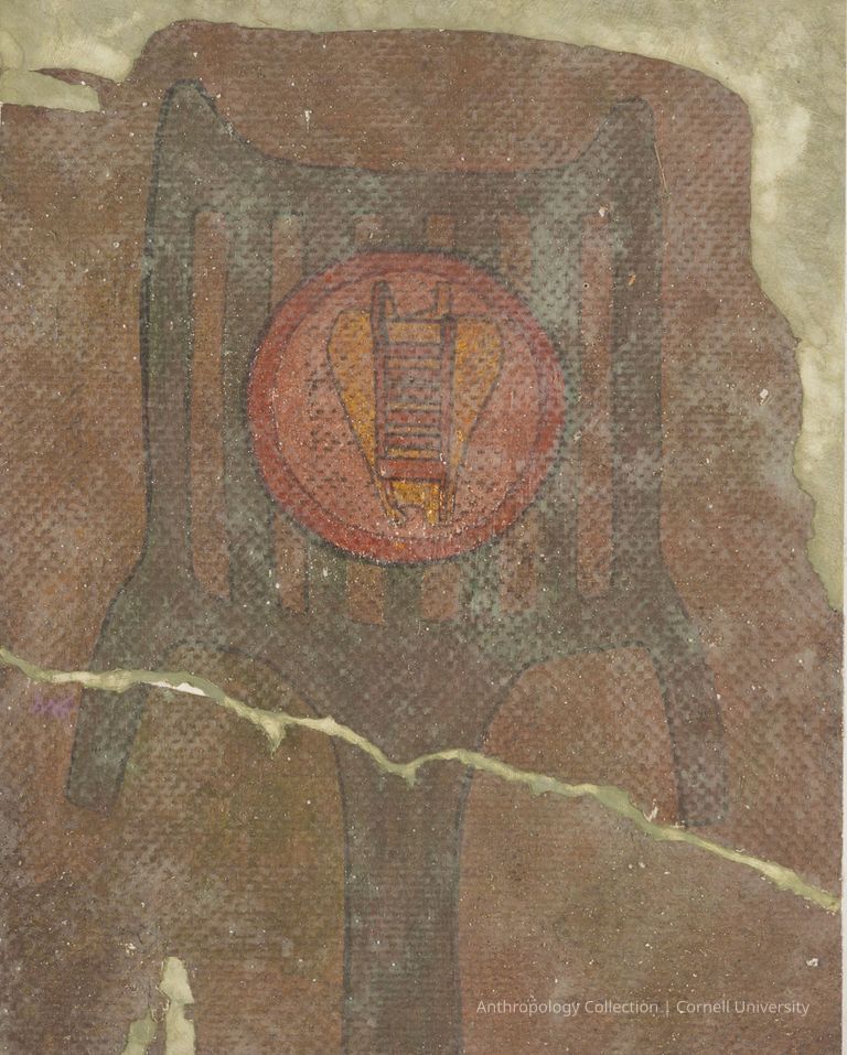 FACSIMILE OF CAVE PAINTING | circa 1966-1971 | Photo by Ann Cady, 2024 | ©2026 Norman Daly Art — This  facsimile depicts a section of a cave painting which displays as a central gray representation, a small scoop-like figure, over which is a central circular red emblem showing a ladder-like design overlaying an orange heart-like shape. The background is composed of a field of muted earthy colors.The circular and ladder images evoke a sense of movement, journey or progression rich emotional depth.  A large crack bisects the image.