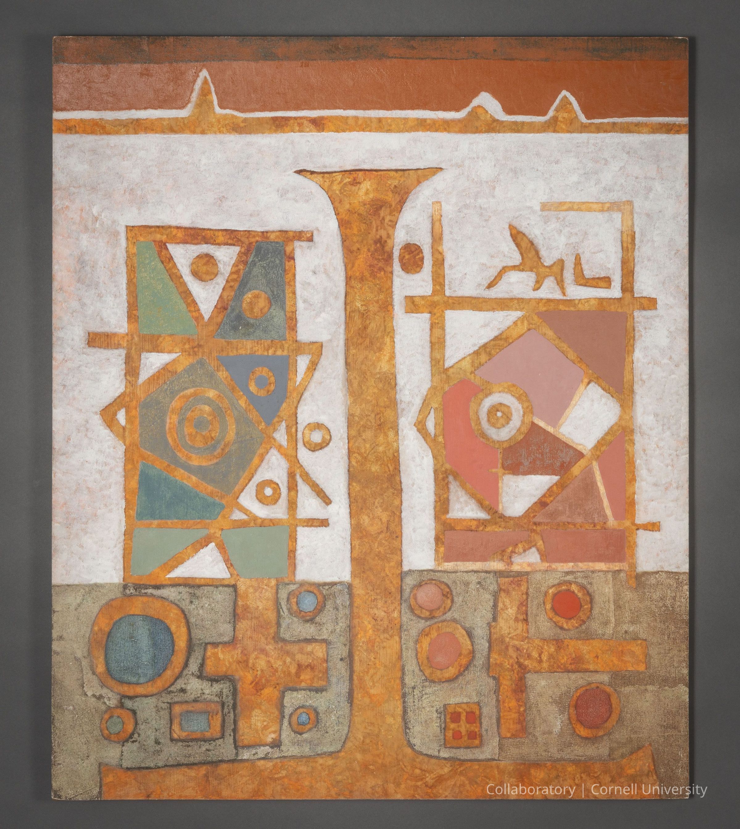 THE LLHUROSCIAN ALPHABET | circa 1966-71 | Photo by Ann Cady, 2024 | ©2026 Norman Daly Art: The facsimile features geometric shapes and earthy tones; two dominant rectangular forms, composed of intersecting lines and circles, are positioned on either side of a central vertical column, suggesting symmetry; the left side has shades of green and blue, while the right incorporates warm tones like pink and orange; below, a series of intricate patterns and symbols are arrayed.