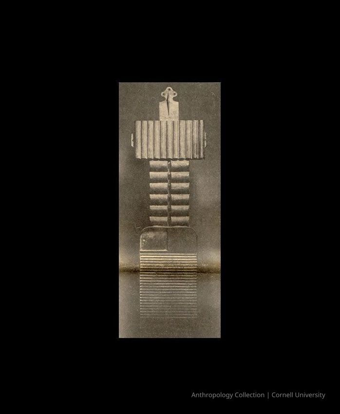 VOTIVE | circa 1961-65 | Llhuros exhibition photo by Michael Parkhurst, 1972 | Ithaca Journal | ©2025 Cornell University — Scanned image from a yellowed and folded newspaper article.