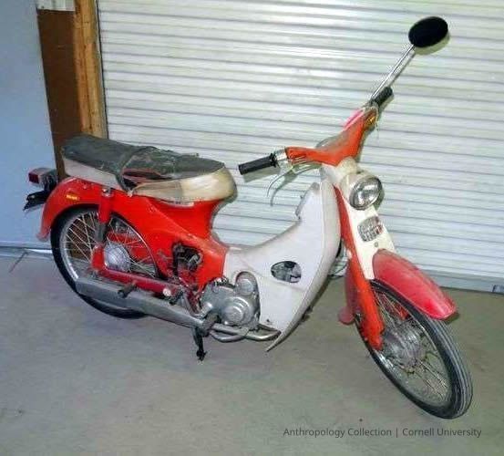 Honda Elite 50 scooter showing the type of gas tank cover Daly used to create the Elephant Mask. — The image showcases a vintage red and white scooter with a classic design parked in a garage.