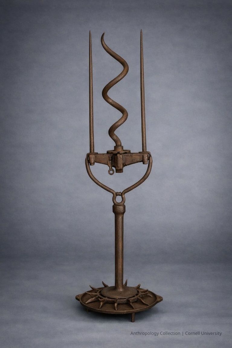 VOTIVE FIGURE | circa 1966-71 | Photo by Ann Cady, 2024 | ©2026 Norman Daly Art — An enigmatic and dramatic object, crafted from metal, featuring a central snaking, spiral element that is flanked by two straight rods, all mounted on a sturdy base adorned with radial, spike-like extensions.
