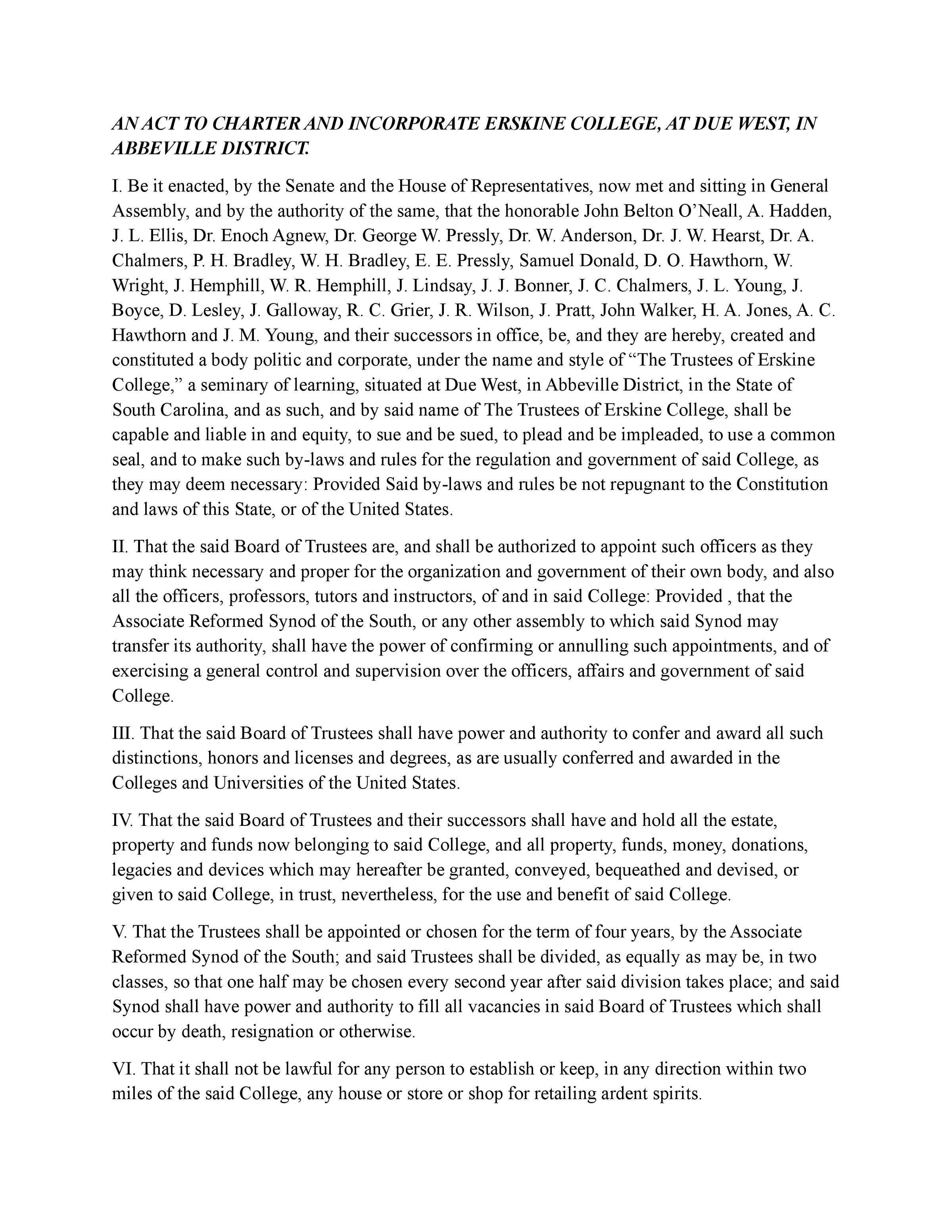 The text of the Erskine College Charter