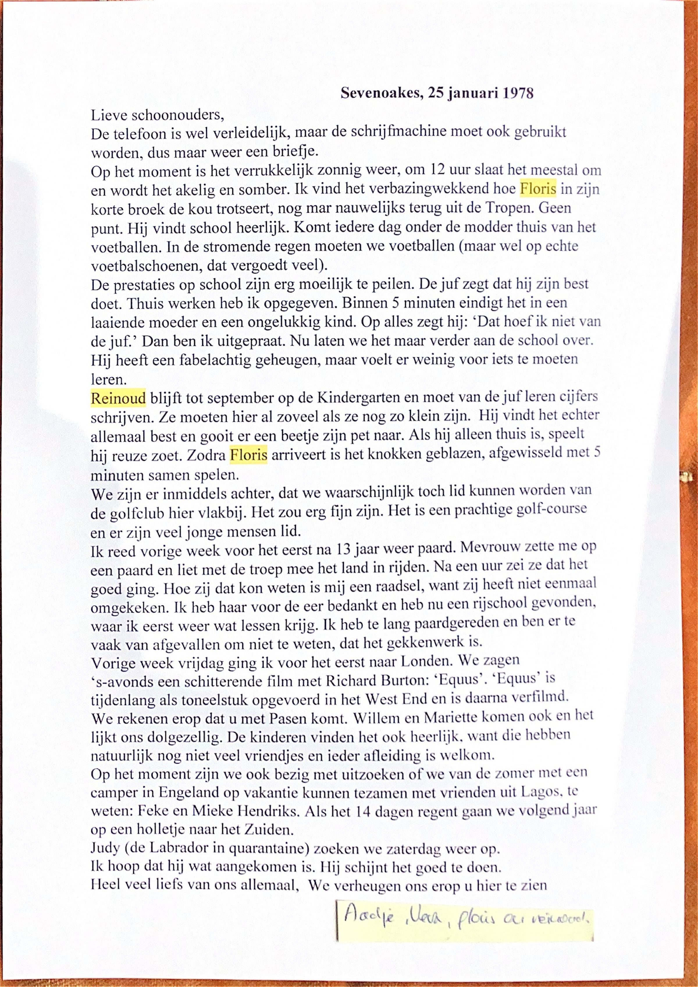 Deze brief is van Vera. Aadje kon toentertijd nog niet typen.