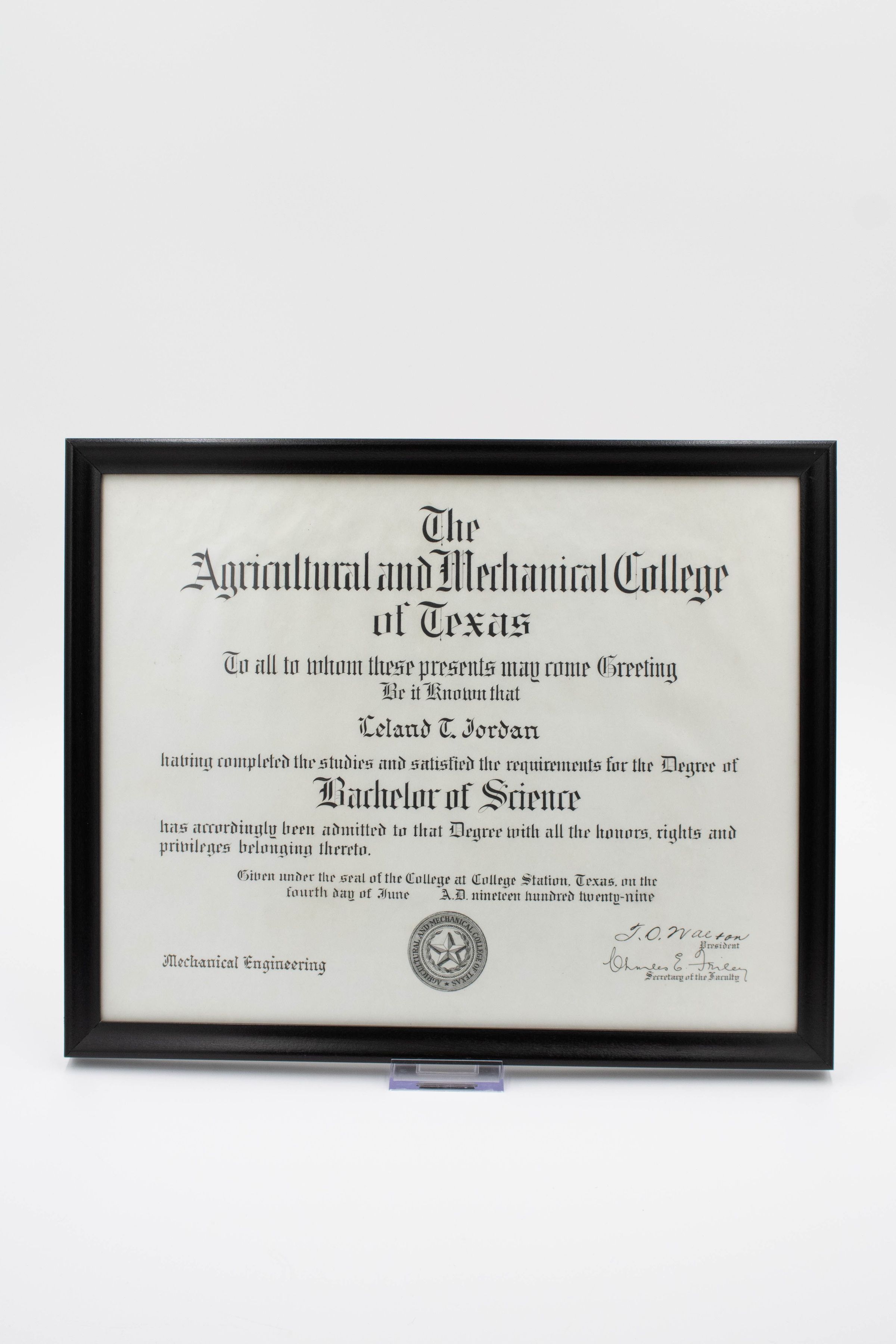L.T. Jordan TAMU Degree: Image of the white degree in a black wooden case. Featured at the top in black gothic characters is the former full name of Texas A&M, "The Agricultural and Mechanical College of Texas." The degree is given to L.T. Jordan for his completion of a Bachelors of Science in Mechanical Engineering. It was awarded to him on the 4th of June, 1929. The bottom features the seal of the Agricultural and Mechanical College of Texas.