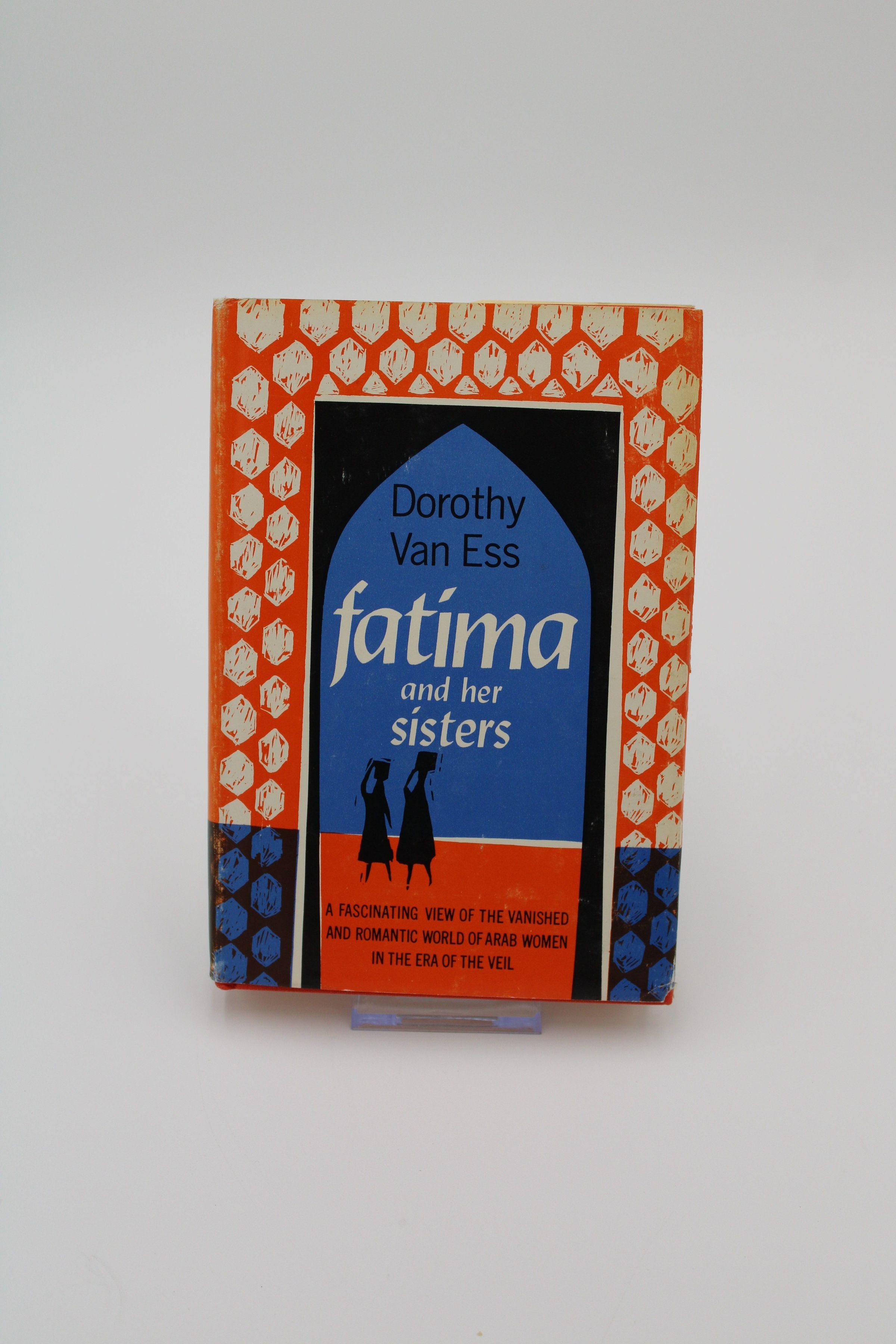 Front Cover of “Fatima and her Sisters”: The front cover of “Fatima and her Sisters” has a minimalist depiction of two veiled women walking through orange sand with books over their heads. The sky is blue and the scene is encased in the shape of a traditional mosque's doorframe. Above the women in the blue sky is the author's name and book title. The author's name is in a black sans serif script while the title of the book is in a white faux Arabic script. In the sand is the subtitle which reads "A fascinating view of the vanished and romantic world of Arab women in the era of the veil." The subtitle is in sans serif black capital letters. Surrounding the depiction is an orange background with white hexagons and triangles. The lower quarter of the book cover has the orange background change to blue and the white shapes change to black.