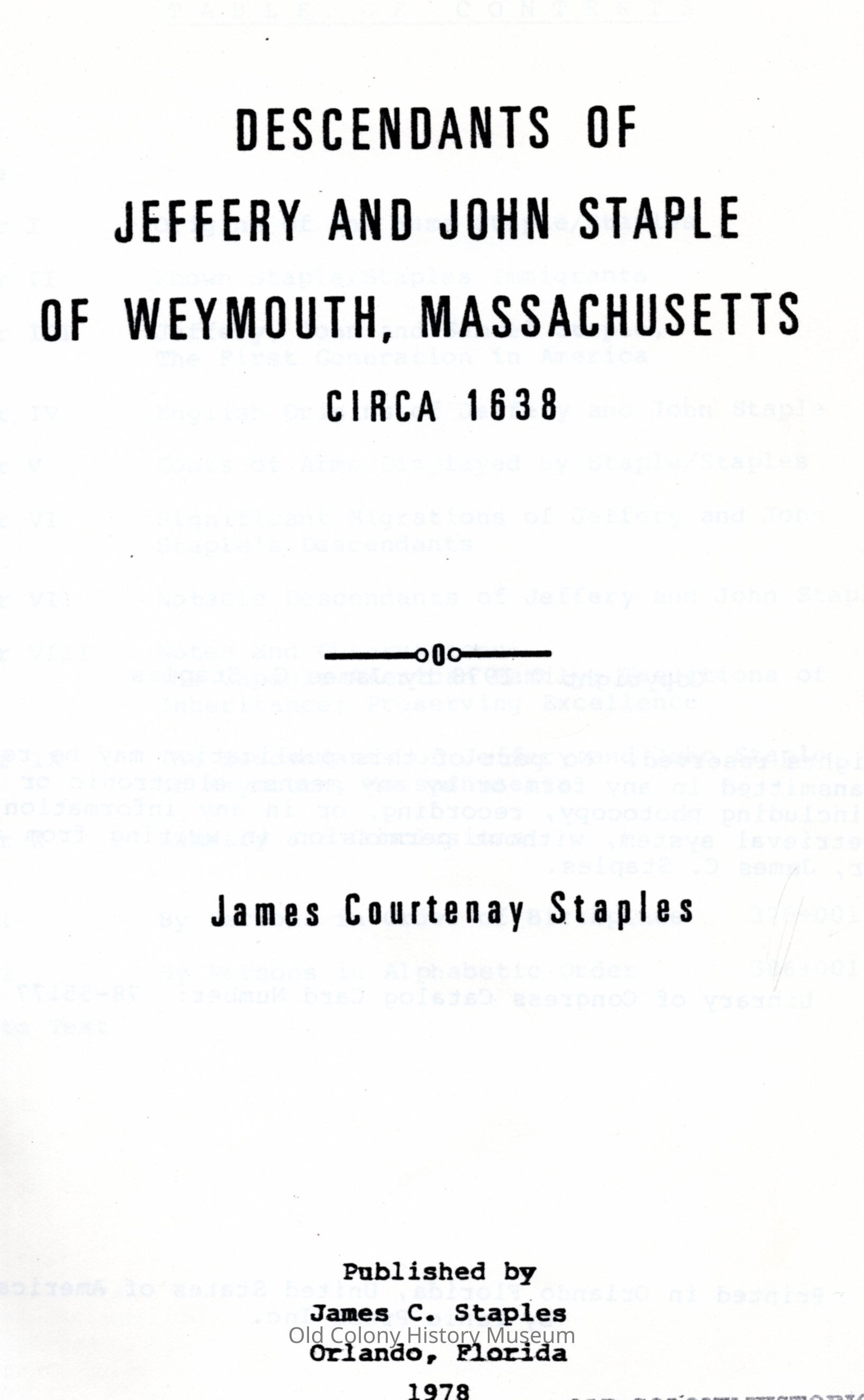 Descendants of Jeffery and John Staple of Weymouth, Massachusetts, circa 1638 picture number 1