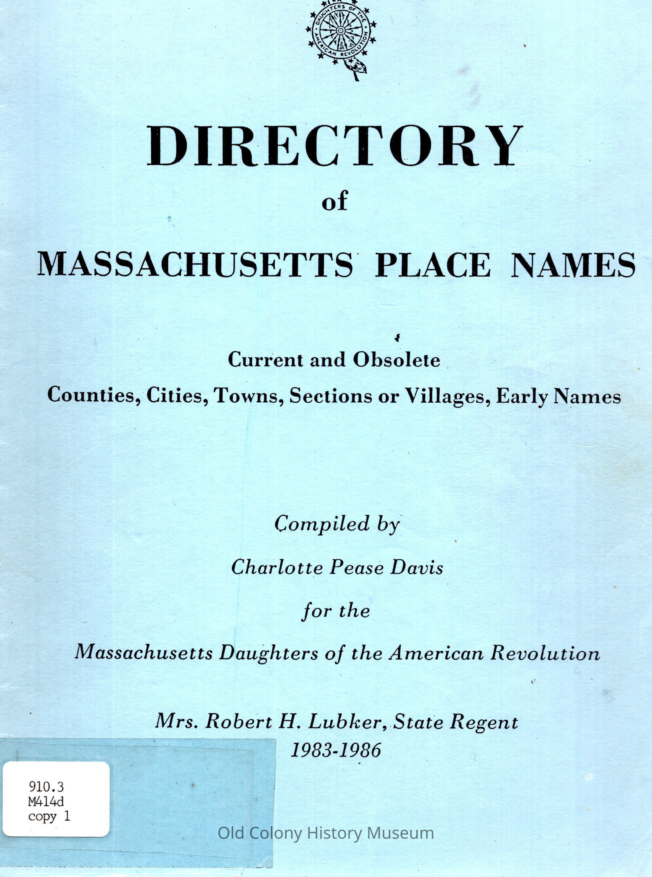 Directory of Massachusetts Place Names Current and Obsolete Compiled by Charlotte Pease Davis picture number 1