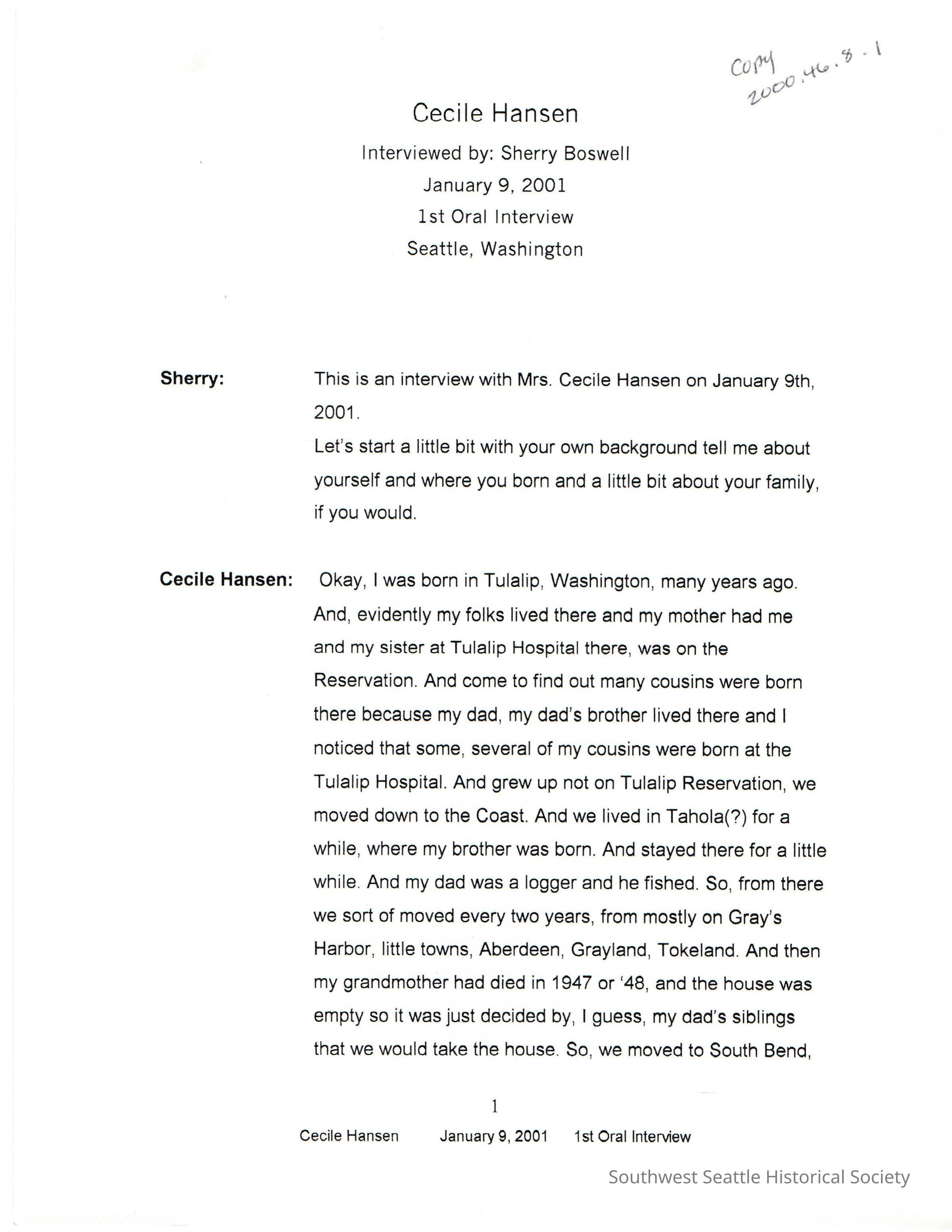 Cecile Hansen - Interview Jan 9, 2001