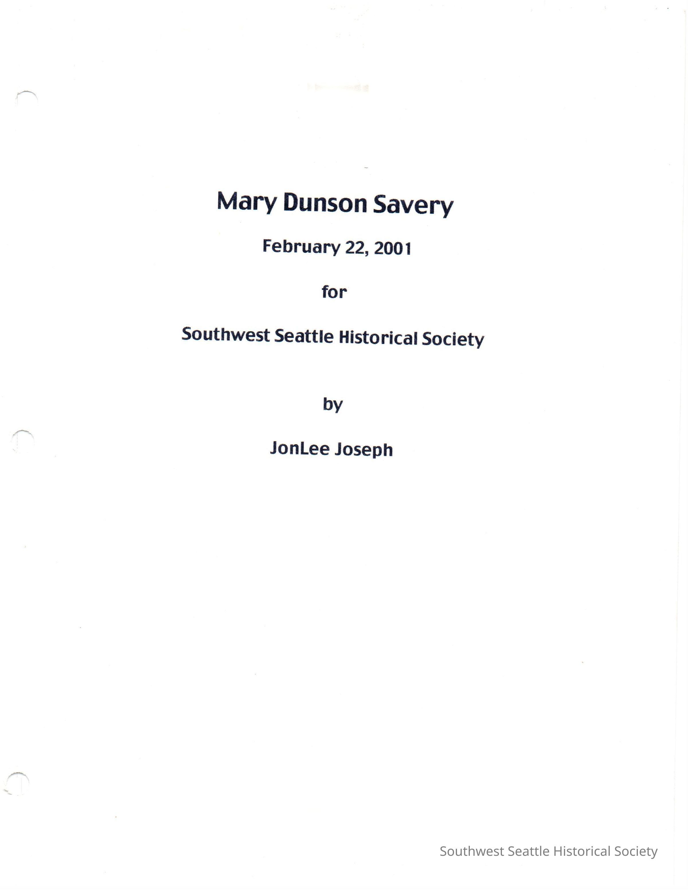Mary Dunson Savery - Interview Feb 22, 2001