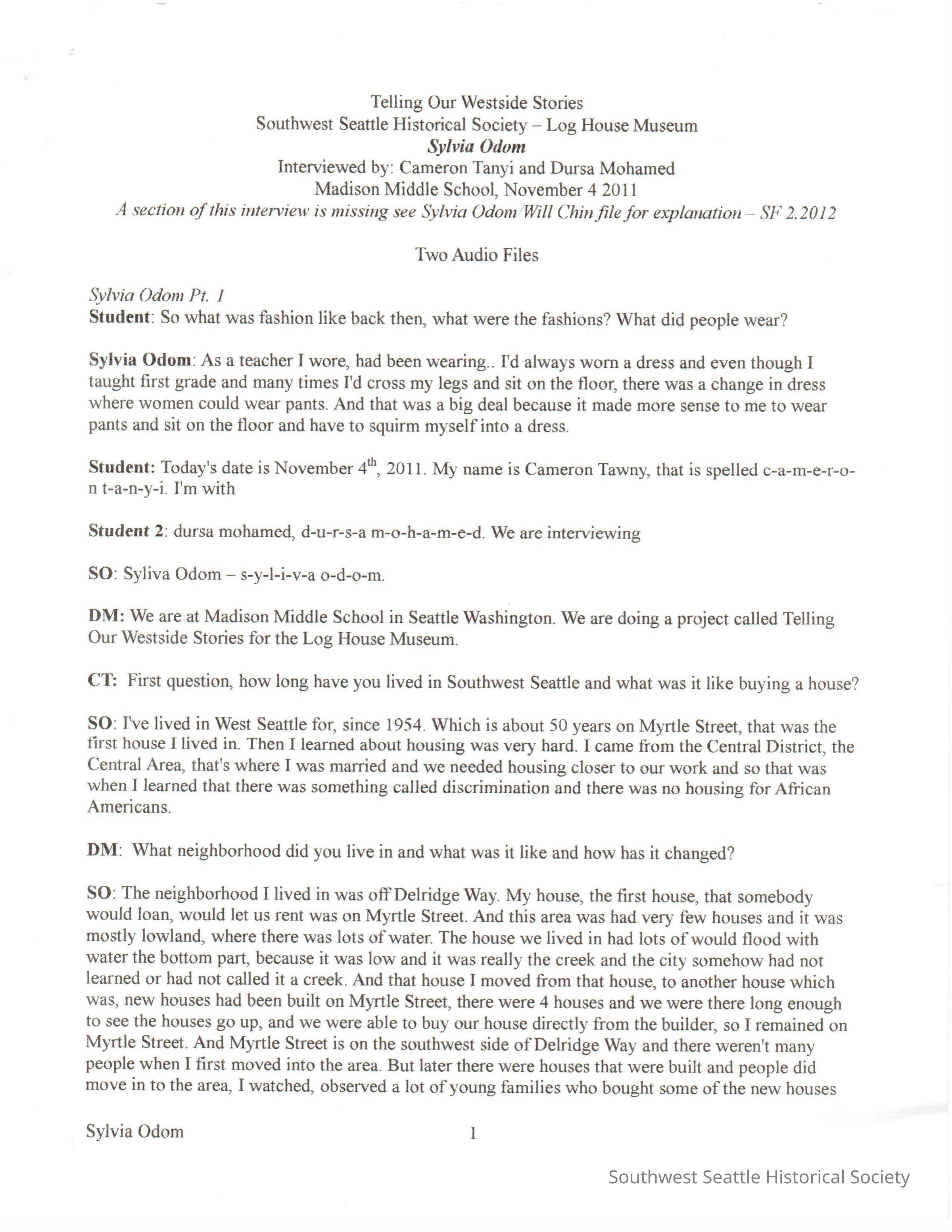 Sylvia Odum- Interview Nov 4, 2011