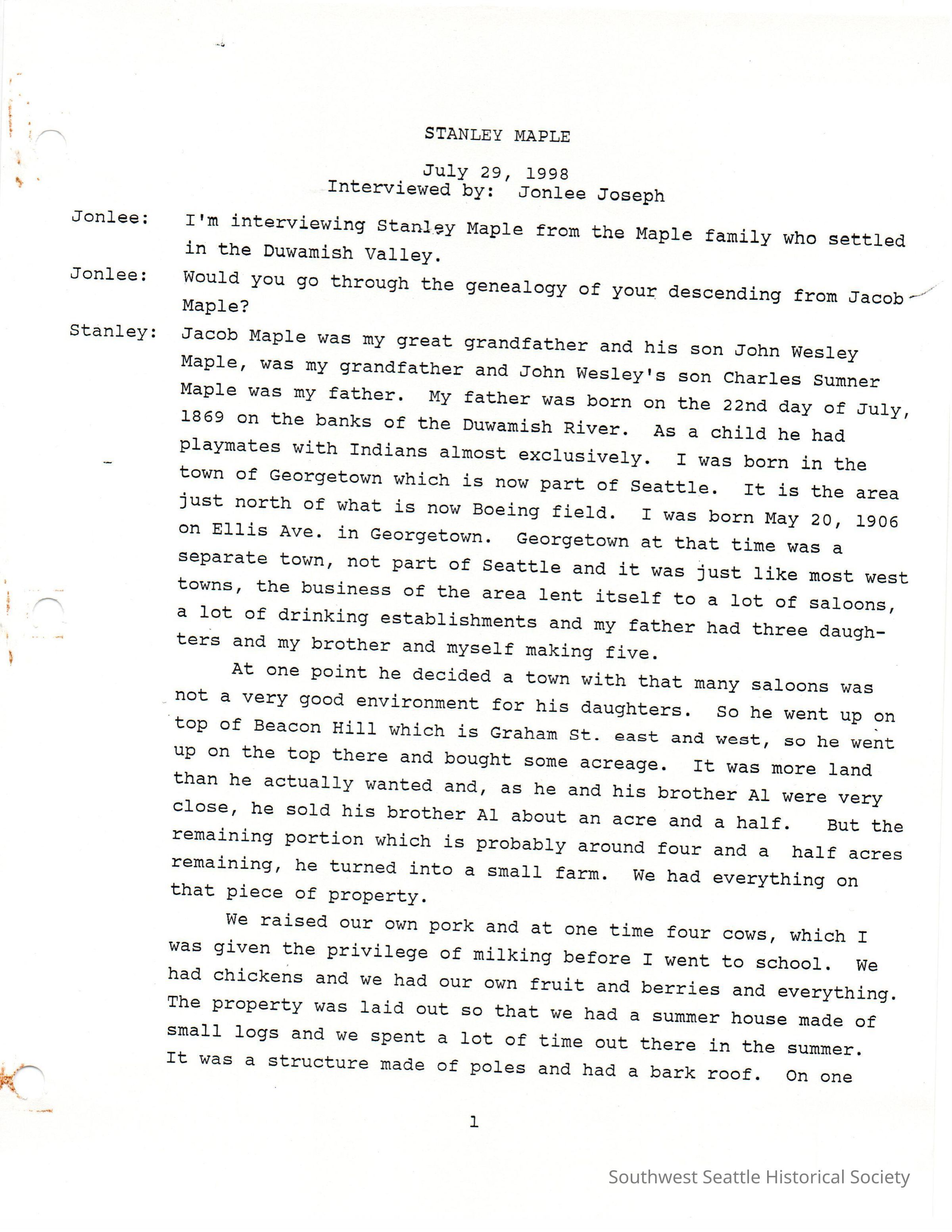 Stanley Maple - Interview July 29, 1998