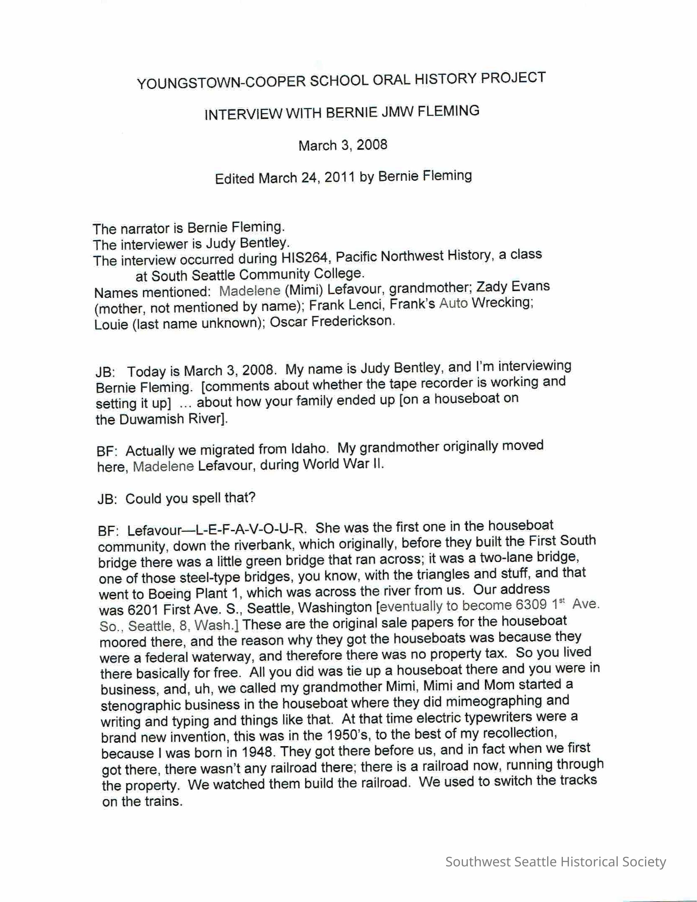 2011.10.10 B -c Fleming Bernie Oral History