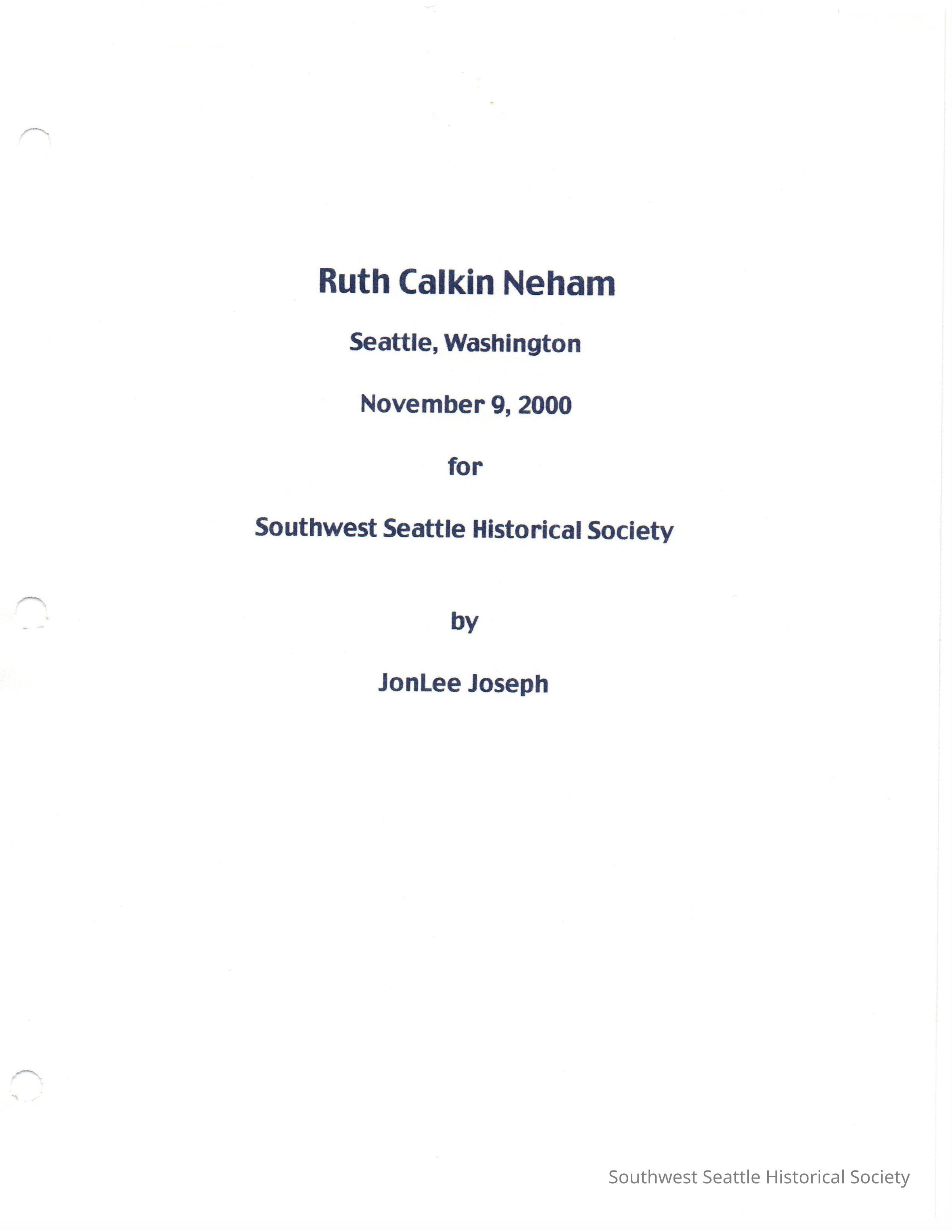 Ruth Calkin Neham  - Interview Nov 9, 2000