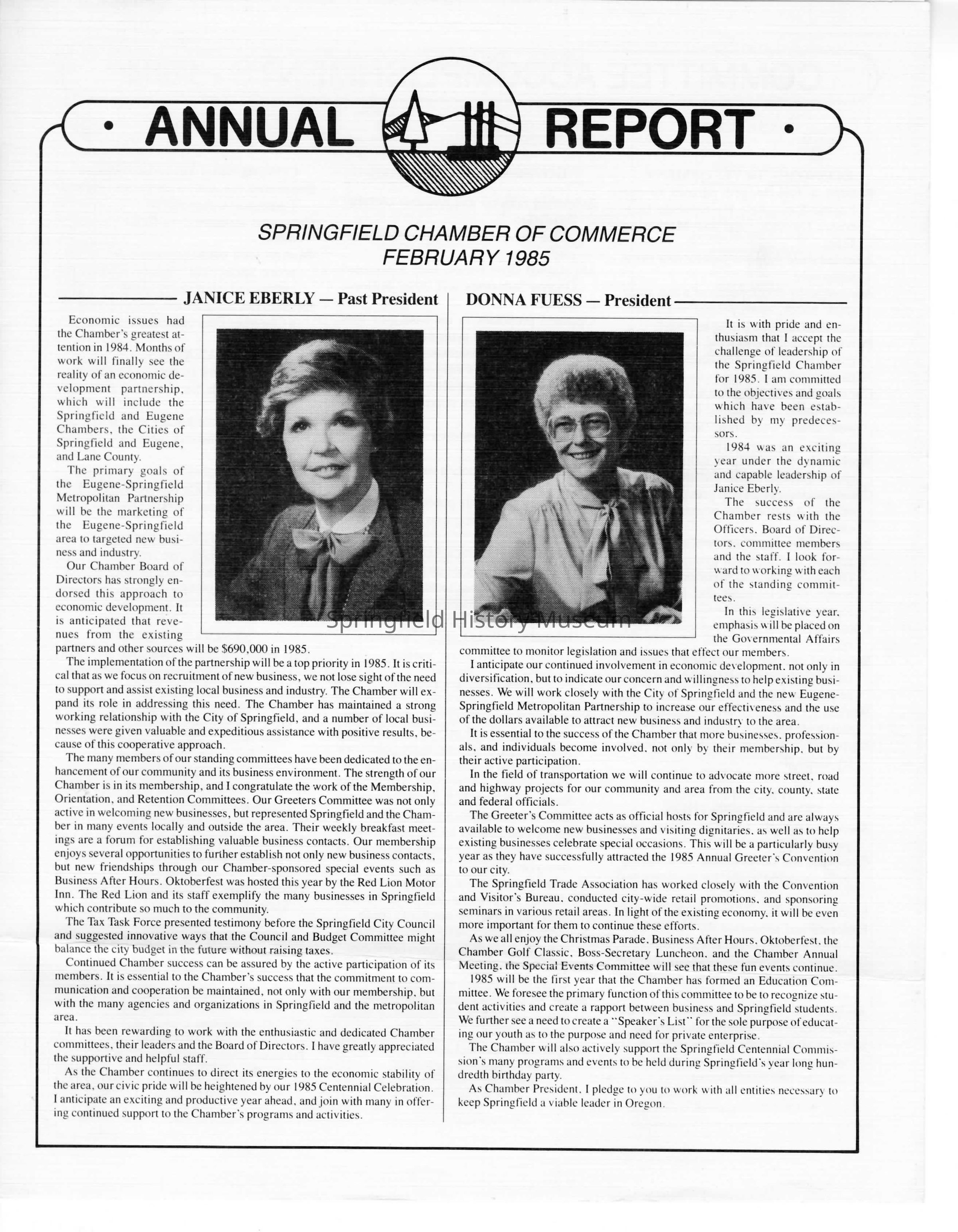 Annual Report, Springfield Chamber of Commerce, 1985: Click image to view pdf