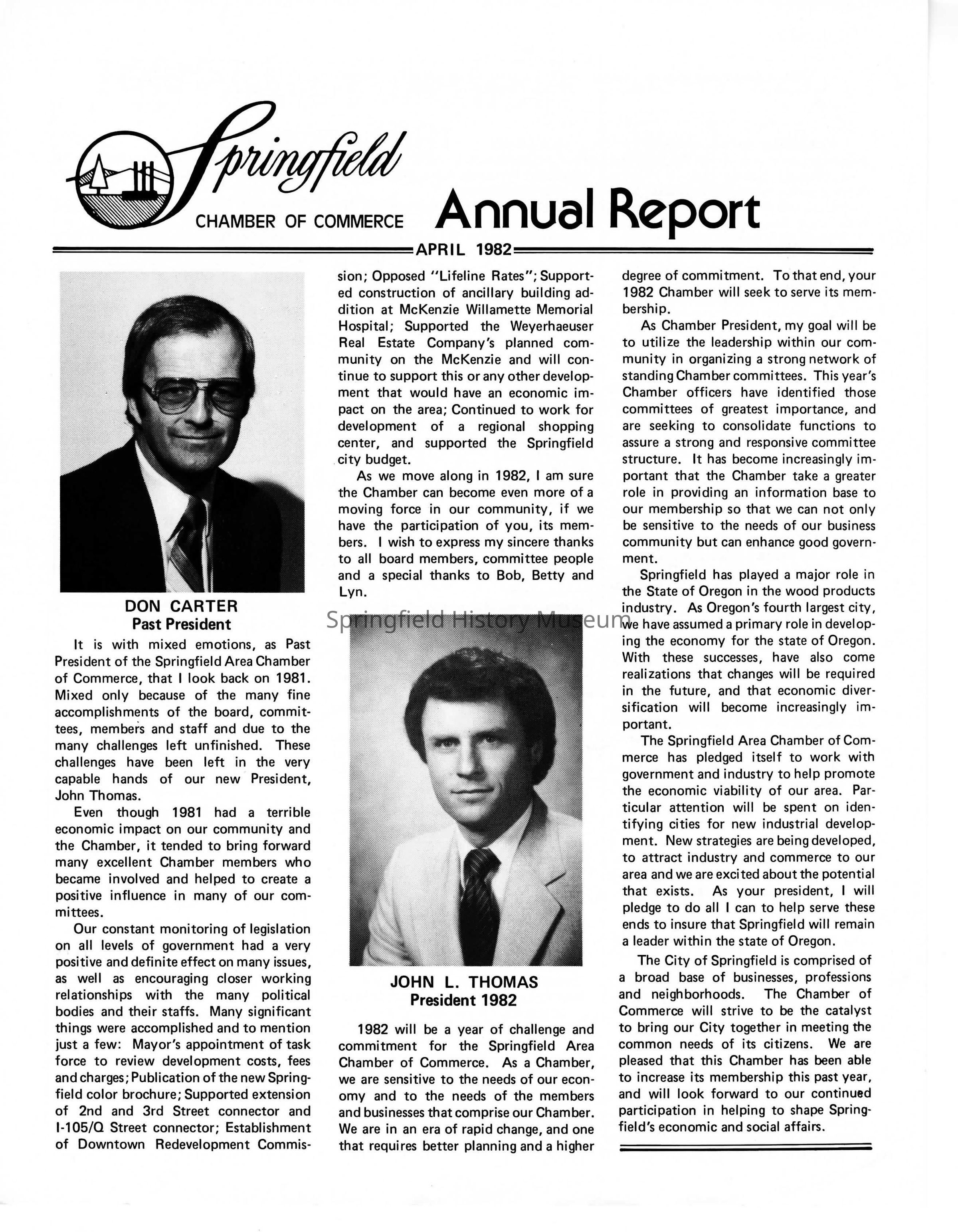 Annual Report, Springfield Chamber of Commerce, 1982: Click image to view pdf