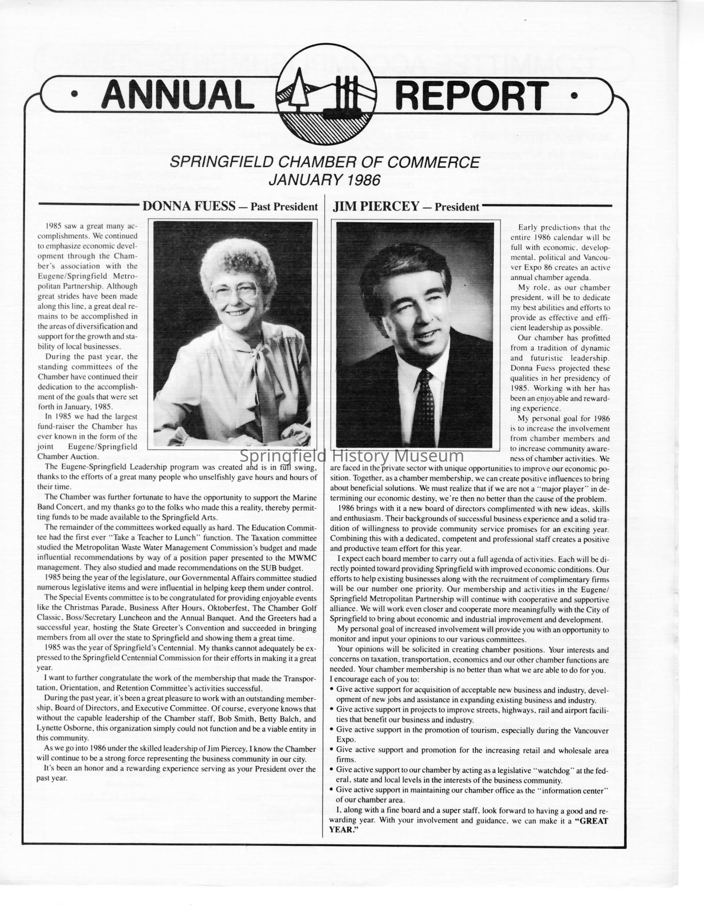 Annual Report, Springfield Chamber of Commerce, 1986: Click image to view pdf