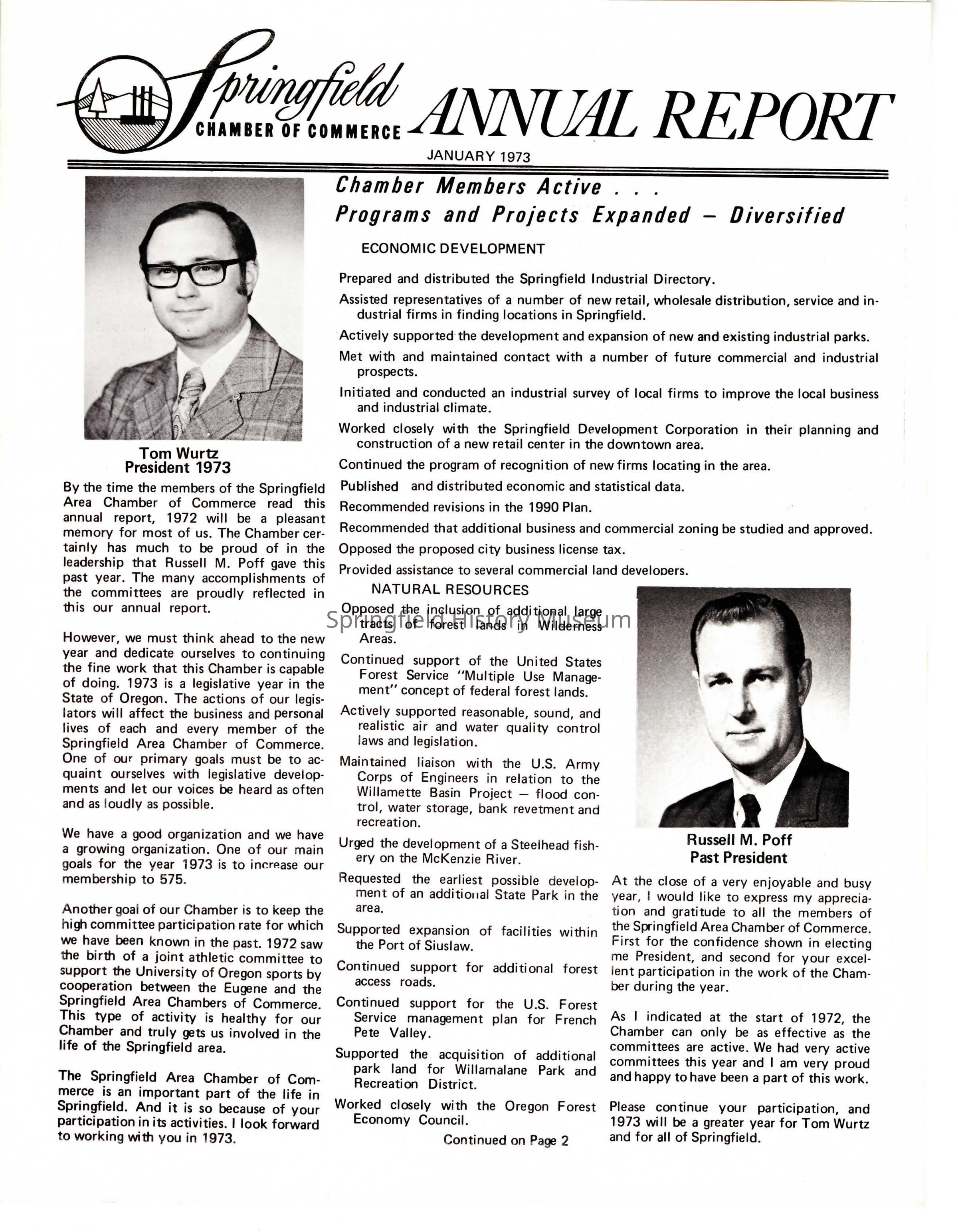 Annual Report, Springfield Chamber of Commerce, 1973: Click image to view pdf