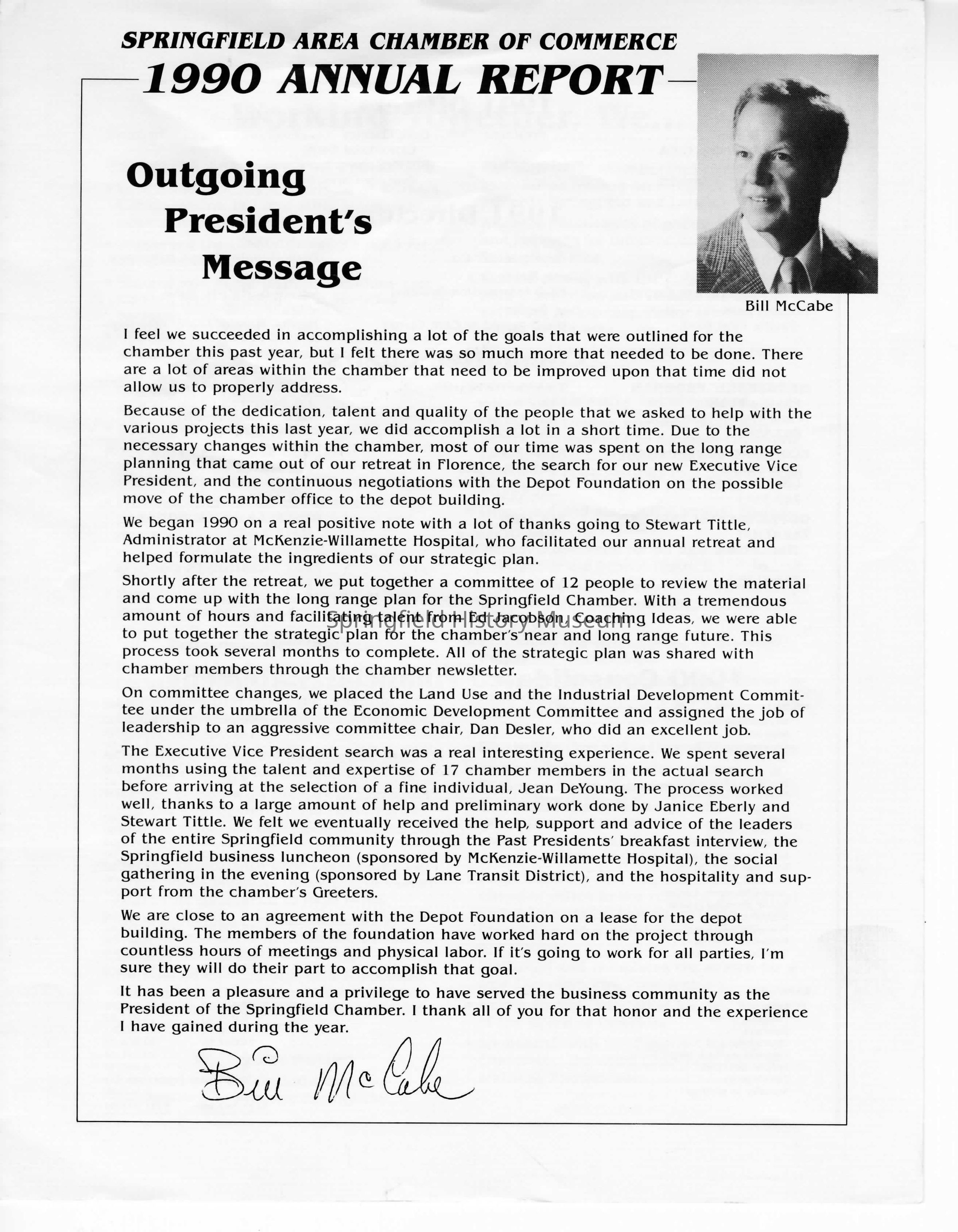 Annual Report, Springfield Chamber of Commerce, 1990: Click image to view pdf