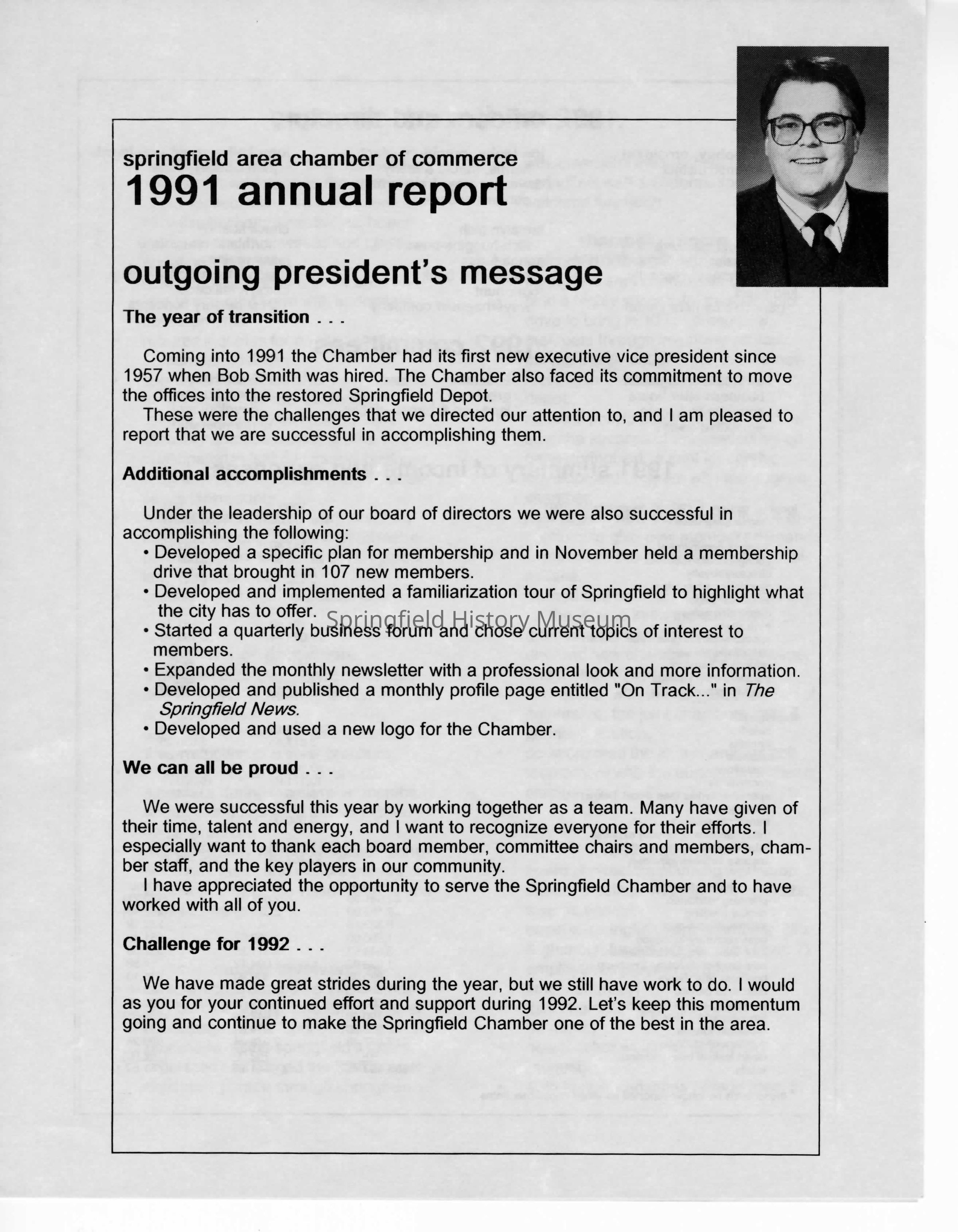 Annual Report, Springfield Chamber of Commerce, 1991: Click image to view pdf