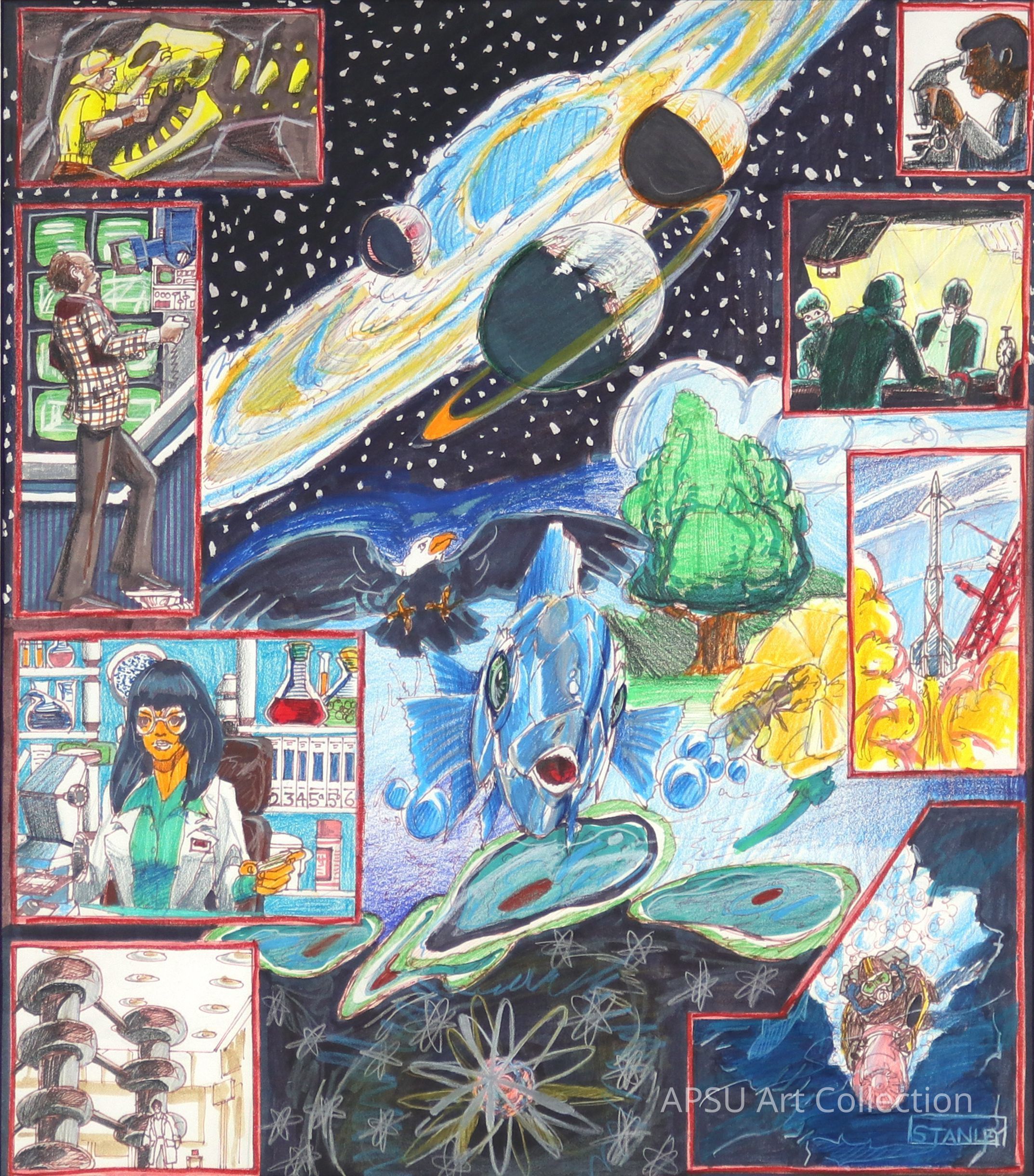 The image is a vibrant collage depicting various scenes. At the center, planets and celestial bodies float against a starry backdrop, creating a cosmic theme. Surrounding panels portray diverse themes: a person analyzing a skull, a figure operating a computer, and another using a microscope, illustrating scientific exploration. On the right, individuals engage in conversation, showcasing communication and collaboration. Below, a laboratory setting with a scientist among glassware exudes a sense of discovery.