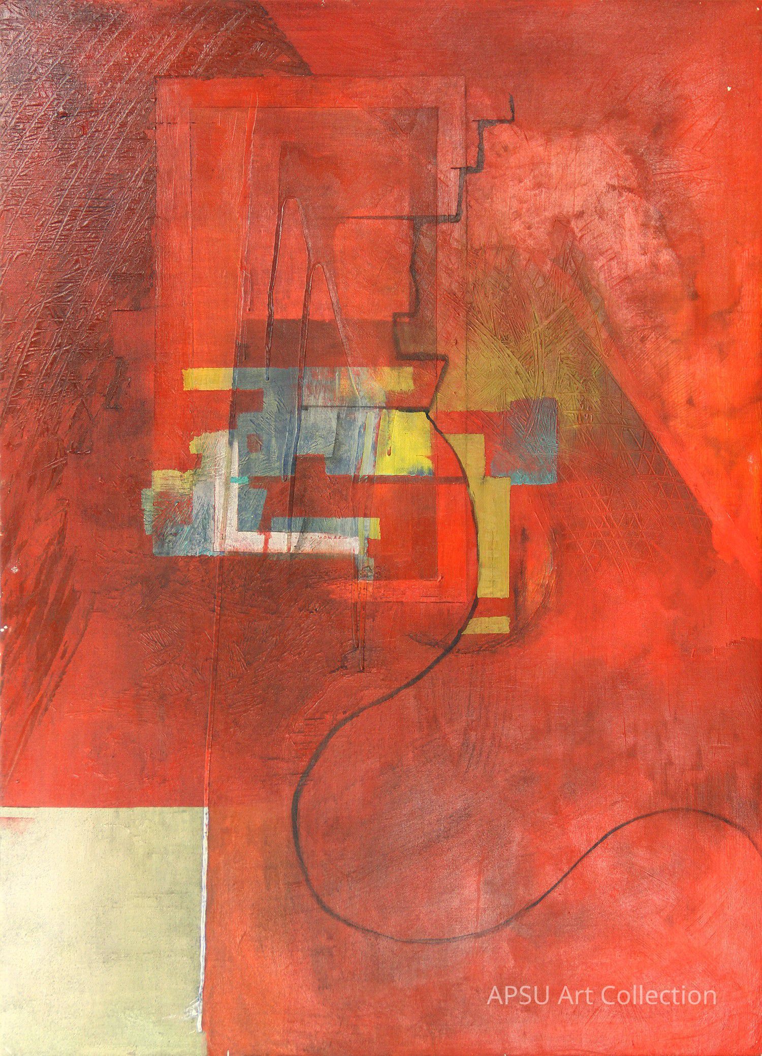 This image showcases an abstract painting characterized by a dominant red background, with hints of green, yellow, and beige creating geometric and irregular shapes. Textural elements add depth, while a sinuous black line possibly symbolizes a connection or pathway that traverses various color blocks, enhancing the overall mysterious and dynamic visual effect. The use of contrasting colors and varied textural strokes contributes to a sense of complexity and intrigue within this modern art piece.
