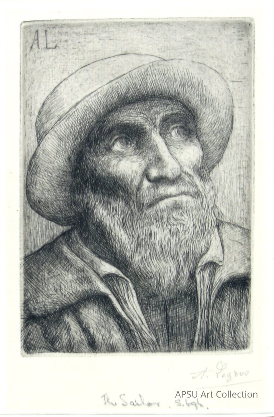 The image is an etching depicting an elderly man with a contemplative expression, dressed in a wide-brimmed hat and a collared garment, with intricate lines capturing the texture of his beard and deep-set eyes, creating a sense of depth and character in the artwork, while the sketch's borders are marked with initials and faint handwritten notes at the bottom, suggesting both the artist's personal touch and the piece's title, "The Sailor".