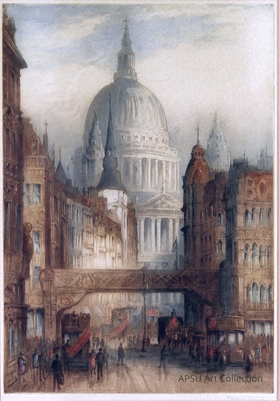 The etching depicts a bustling city street scene with people walking along a cobblestone road while a horse-drawn carriage and an early double-decker bus move through the area, showcasing the urban life of a bygone era against the backdrop of a grand, domed cathedral with intricate architectural details, adding a sense of both history and majesty to the scene. Tall buildings line the street, their windows reflecting the diffused light of the overcast sky, creating a harmonious interplay between light and shadow. Subtle hues of brown, gray, and blue dominate the palette, contributing to the painting’s nostalgic and atmospheric quality.