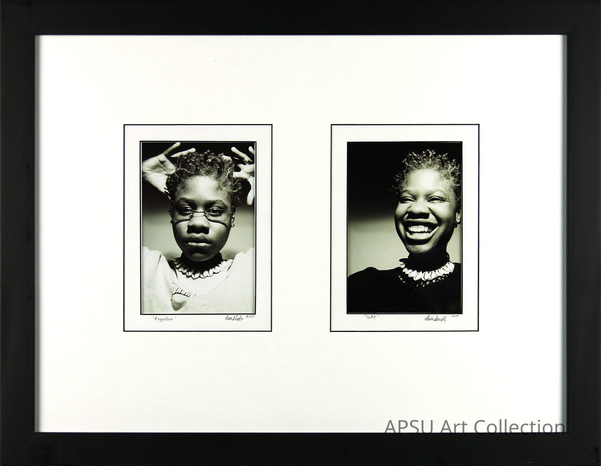 The image displays a framed artwork containing two black-and-white portraits of the same person; one on the left captures them in a serious pose with glasses lifting their hands toward their head, exuding a contemplative mood, while the right photograph showcases them with an exuberant smile, eyes closed, radiating joy and warmth, both photos framed in a minimalist style with titles and artist signatures beneath, emphasizing the contrasting emotions beautifully captured through the lens, inviting viewers to reflect on the spectrum of human expressions.
